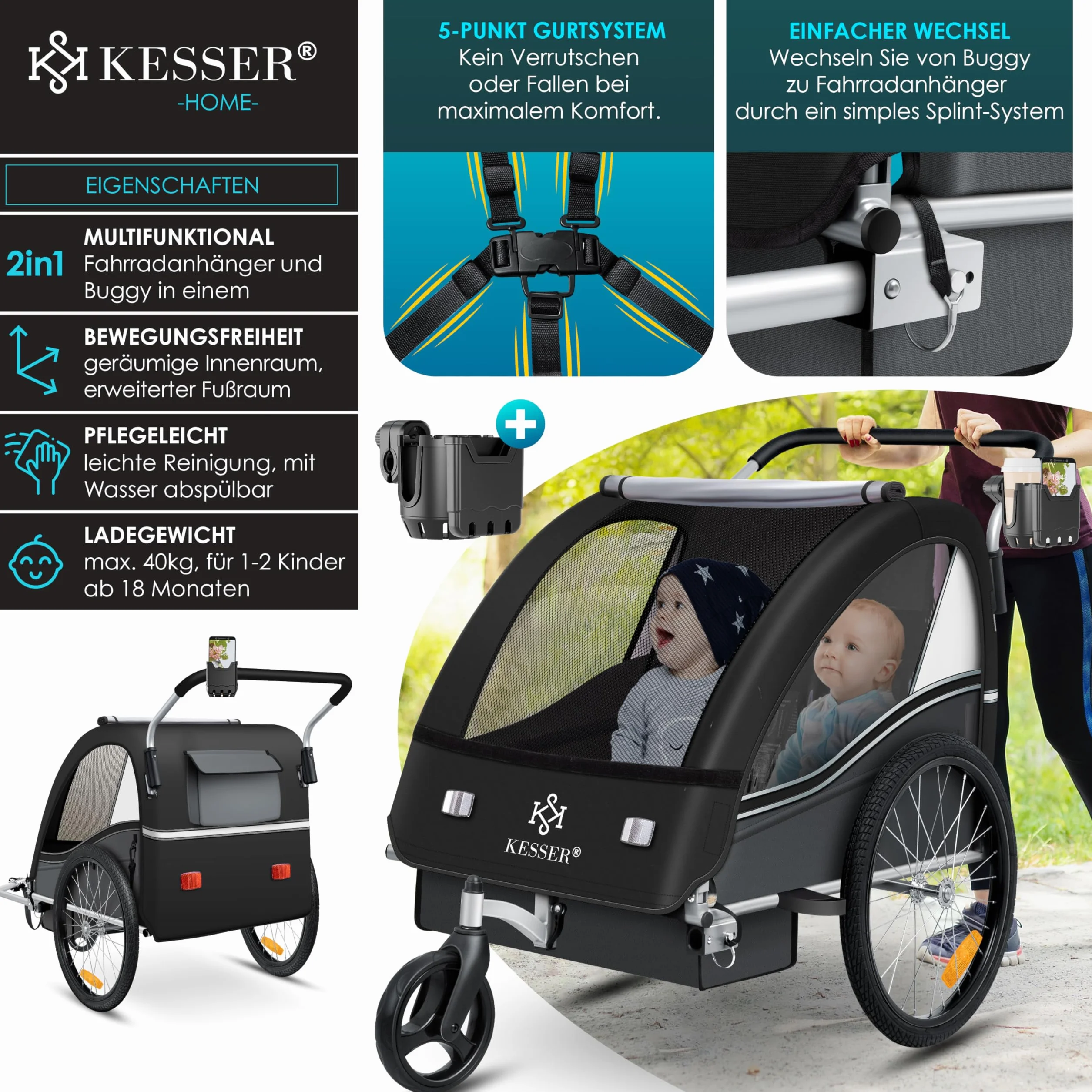 KESSER® Remorque pour Enfants 2en1 Sport-RX Vélo + Running Ceinture 5 Points 360° Roue Avant