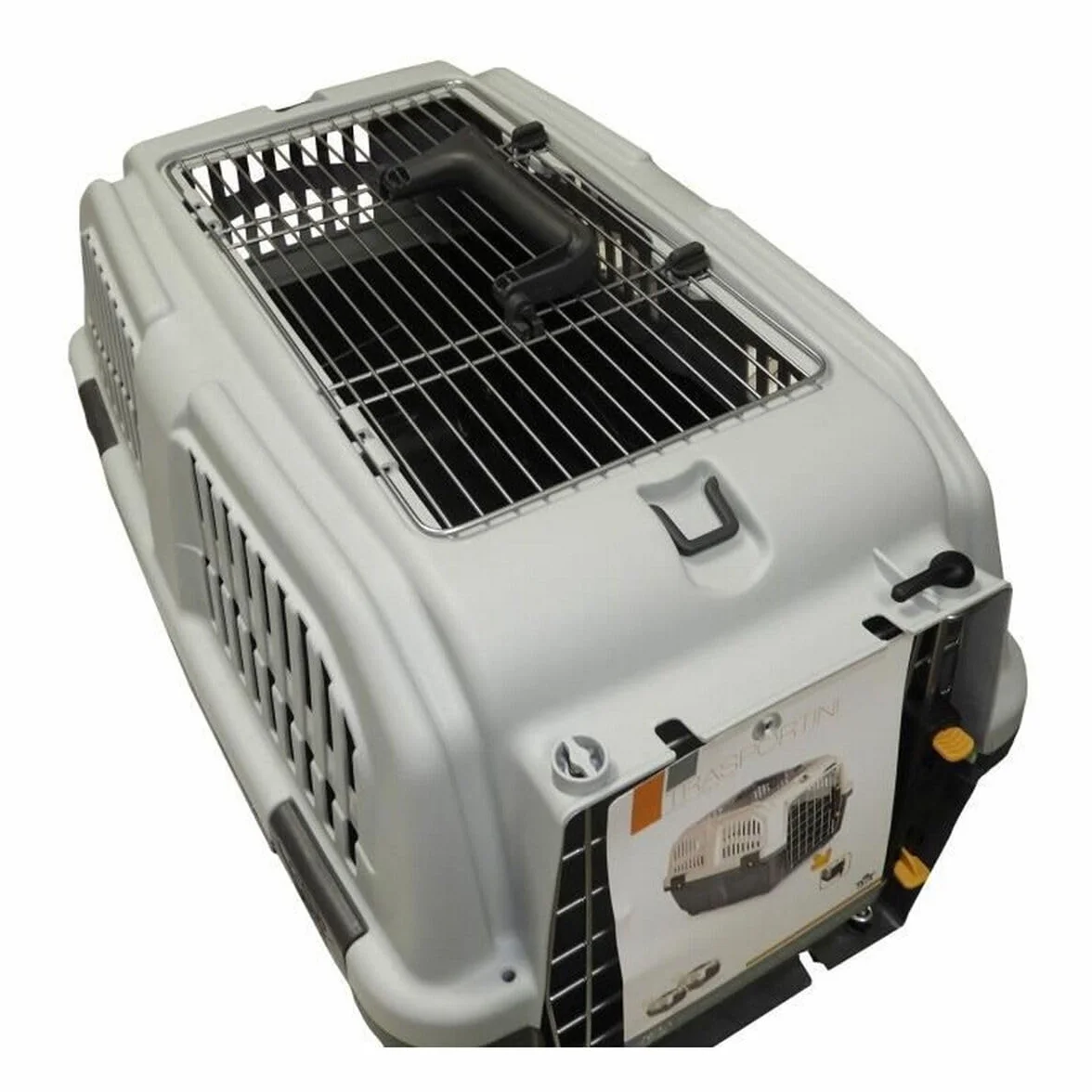 Caisse de Transport Chat et Chien avec Aérations Latérales, Grilles en Métal, Loquet de Sécurité, Grise 56x36x35 cm