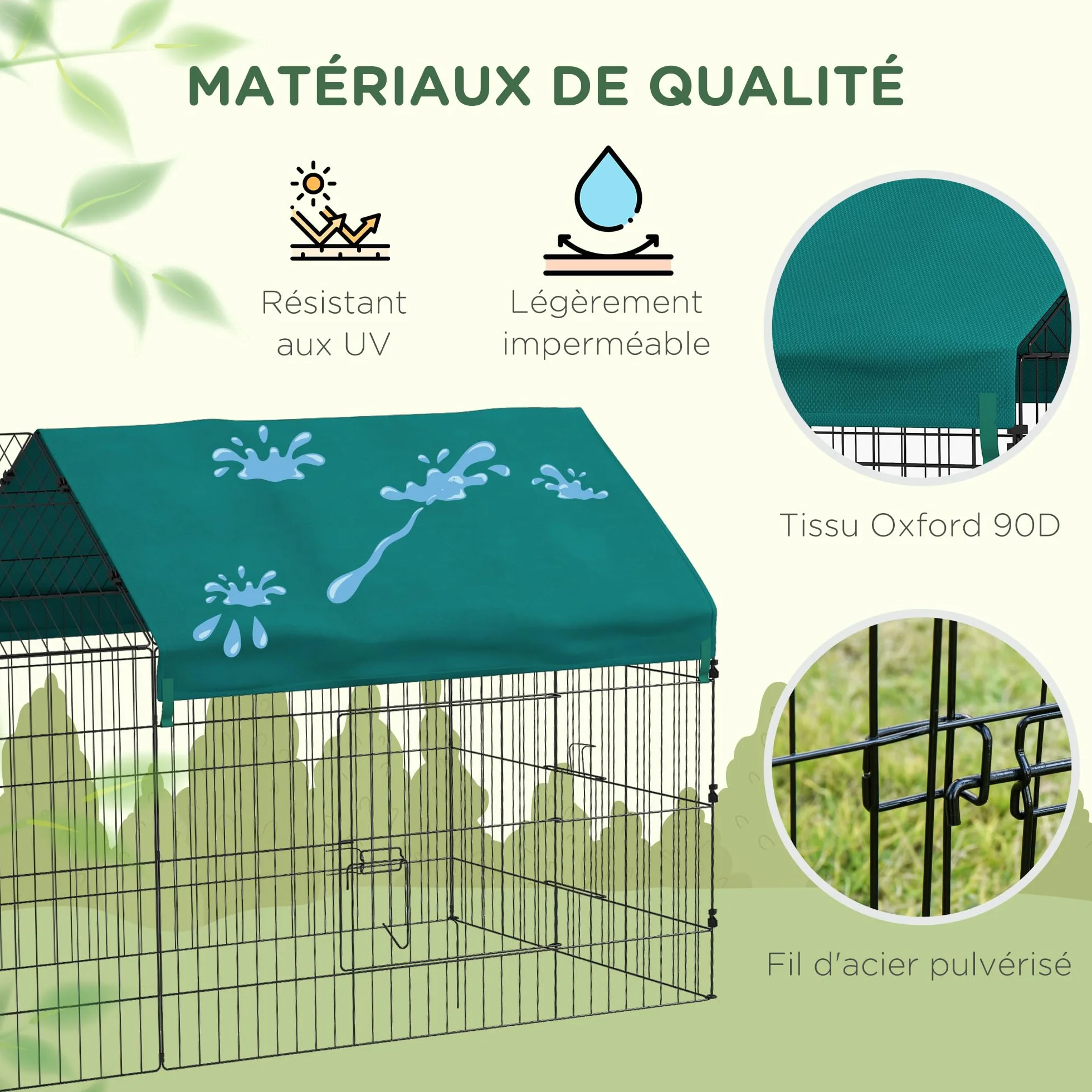 PawHut Parc enclos Cage Lapin extérieur 220 x 85 x 103 cm Acier 2 Portes verrouillables Protection Pare-Soleil Toit Vert