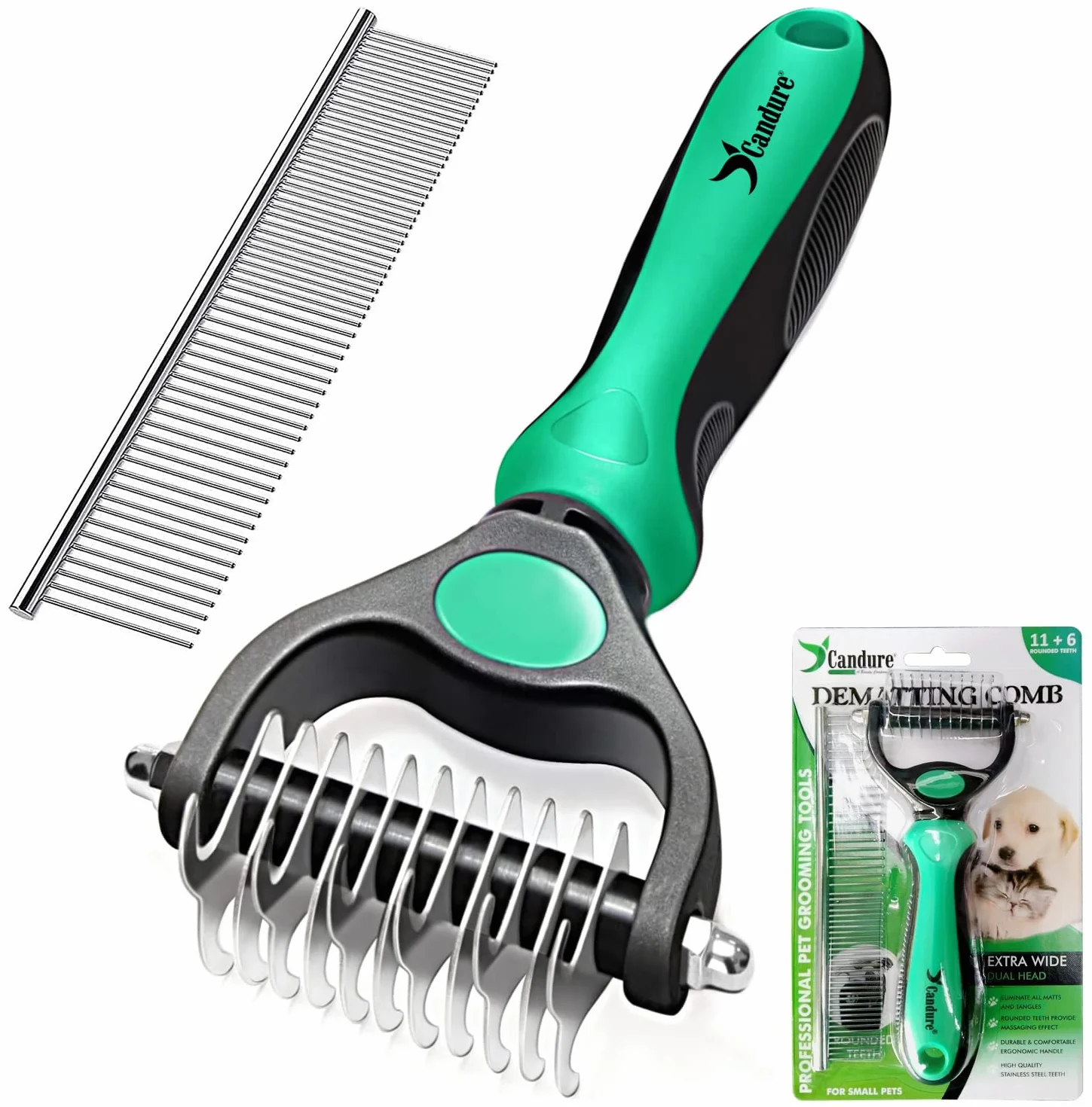 Candure Brosse Chien et Chat Professionnel Double Face 11+6 Dents Élimine Nœuds Tapis Cheveux Emmêlé