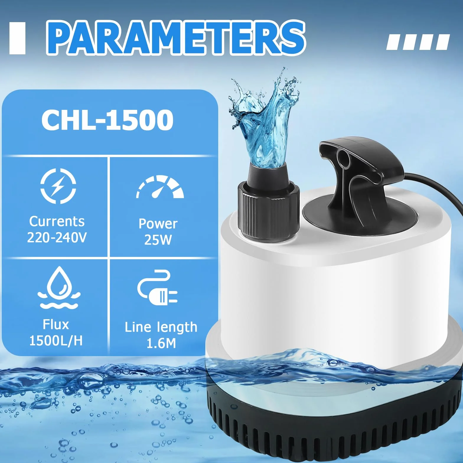 EXLECO Pompe à Eau Submersible 1500L/H 25W 220-240V Pompe Bassin avec Câble 1,6M