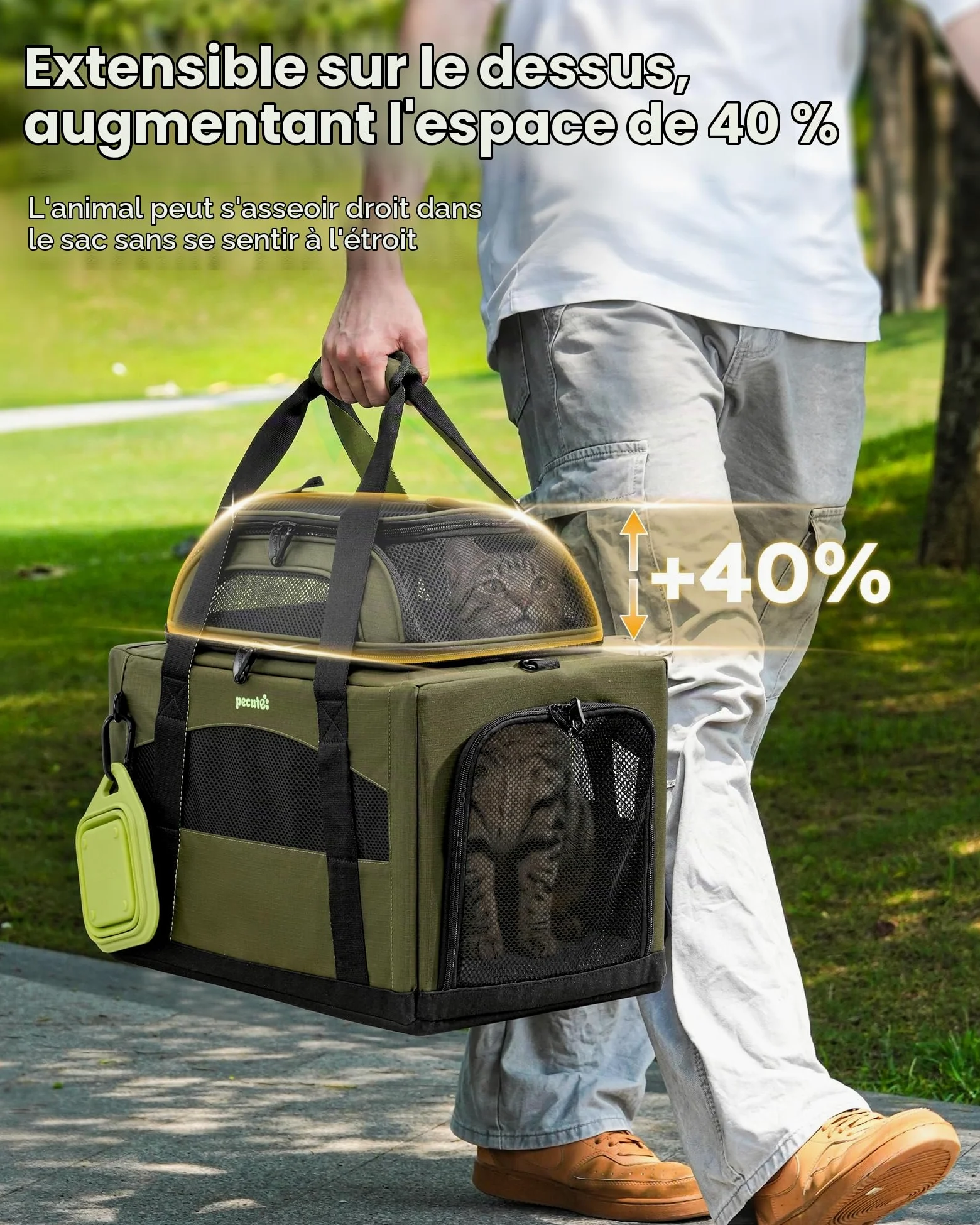 Pecute Caisse de Transport Chat et Chien Extensible, Pliable - Vert Armée | Extension Supérieure • Pliable & Respirant • Cadre Indéformable • Voyage & Vétérinaire • Pour Chats & Chiens