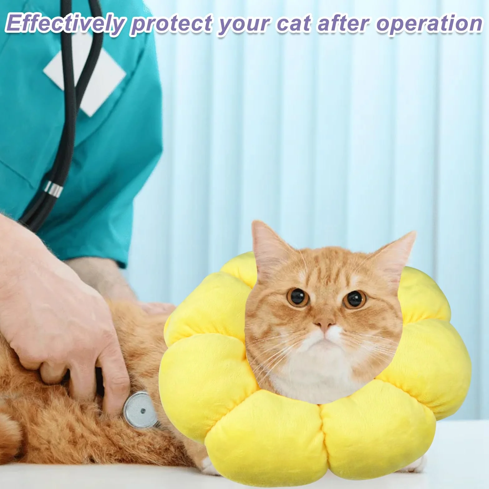 Collier de Protection Chat Tournesol, Collerette en Coton Suédé Respirant, Ajustable 14-22cm (M)