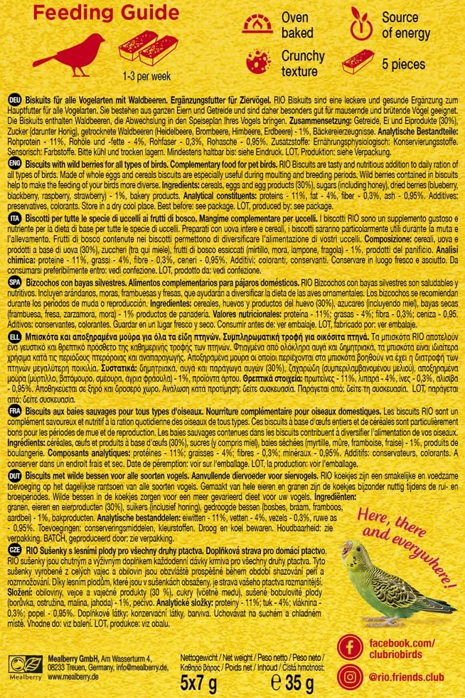 RIO Biscuits aux Baies Sauvages 4 x 35 g Aliment complémentaire pour Oiseaux d’Ornement