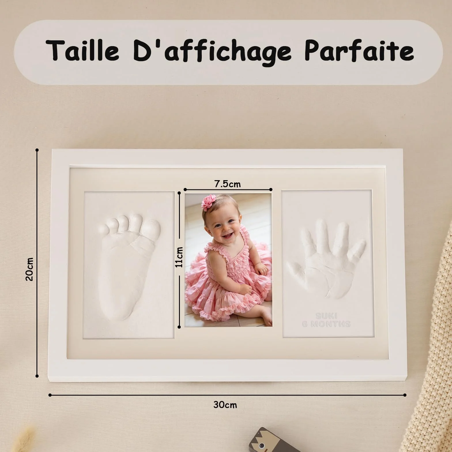 Cadre Empreinte Main Pied Bébé avec Argile Anti-Fissuration Blanc, Kit Cadeau Naissance