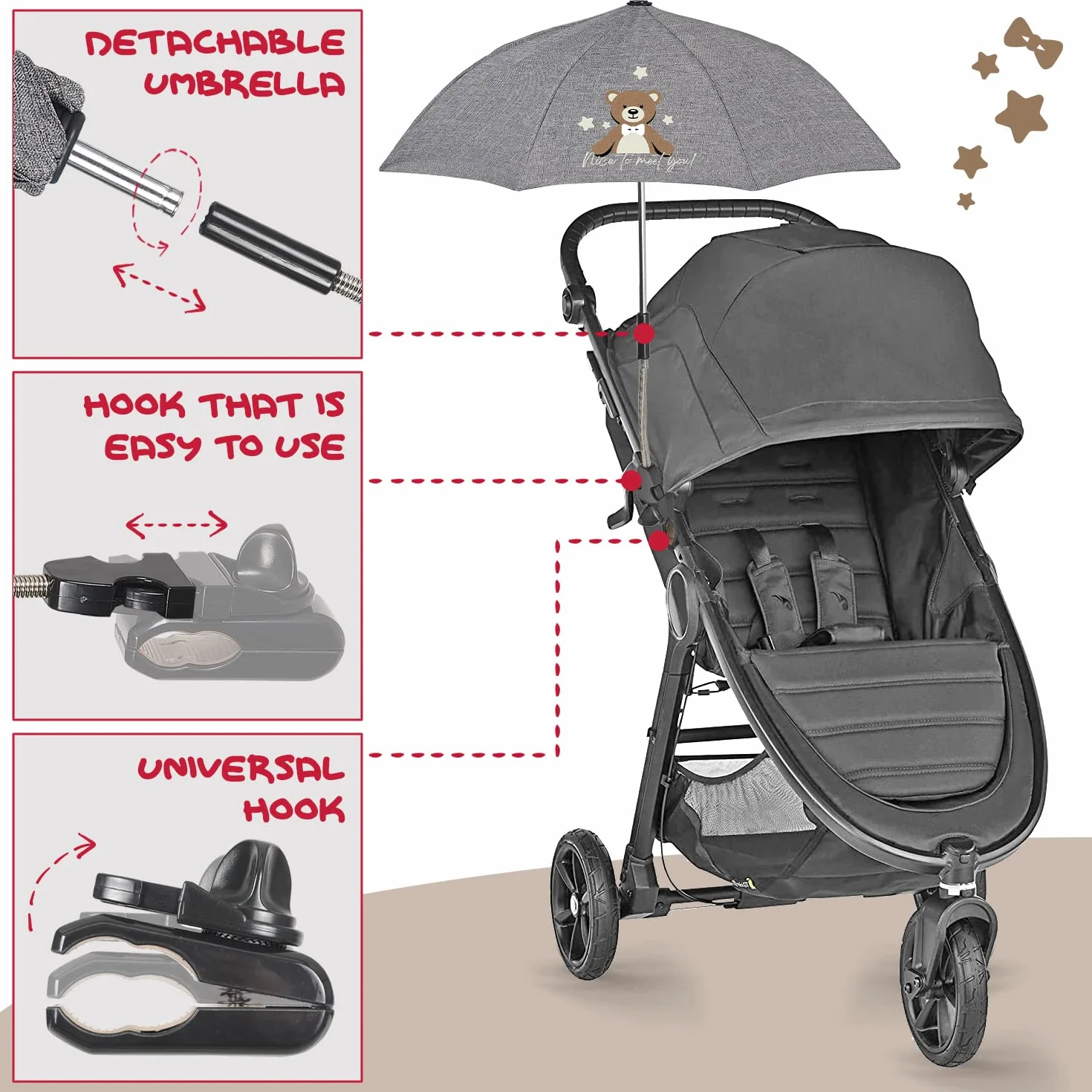 Perletti Parapluie Poussette Universel Gris Pliable Ombrelle Anti UV 68 cm