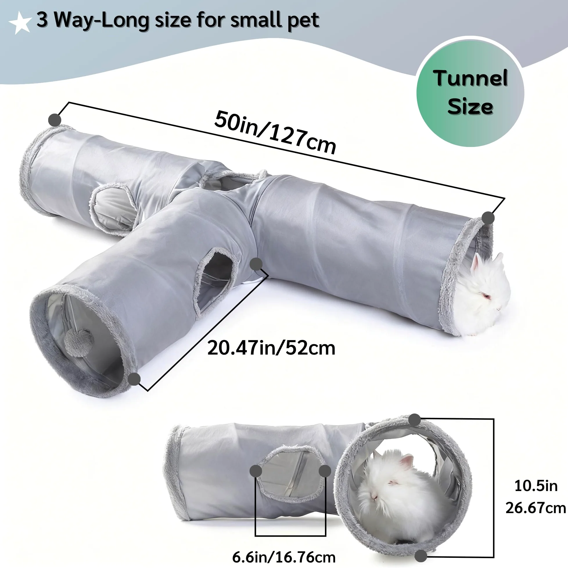 JanYoo Tunnel pliable à 3 voies pour chat d'intérieur - Jouet pour animal domestique - Cachette pour lapin, cochon d'Inde, furet - Gris uni