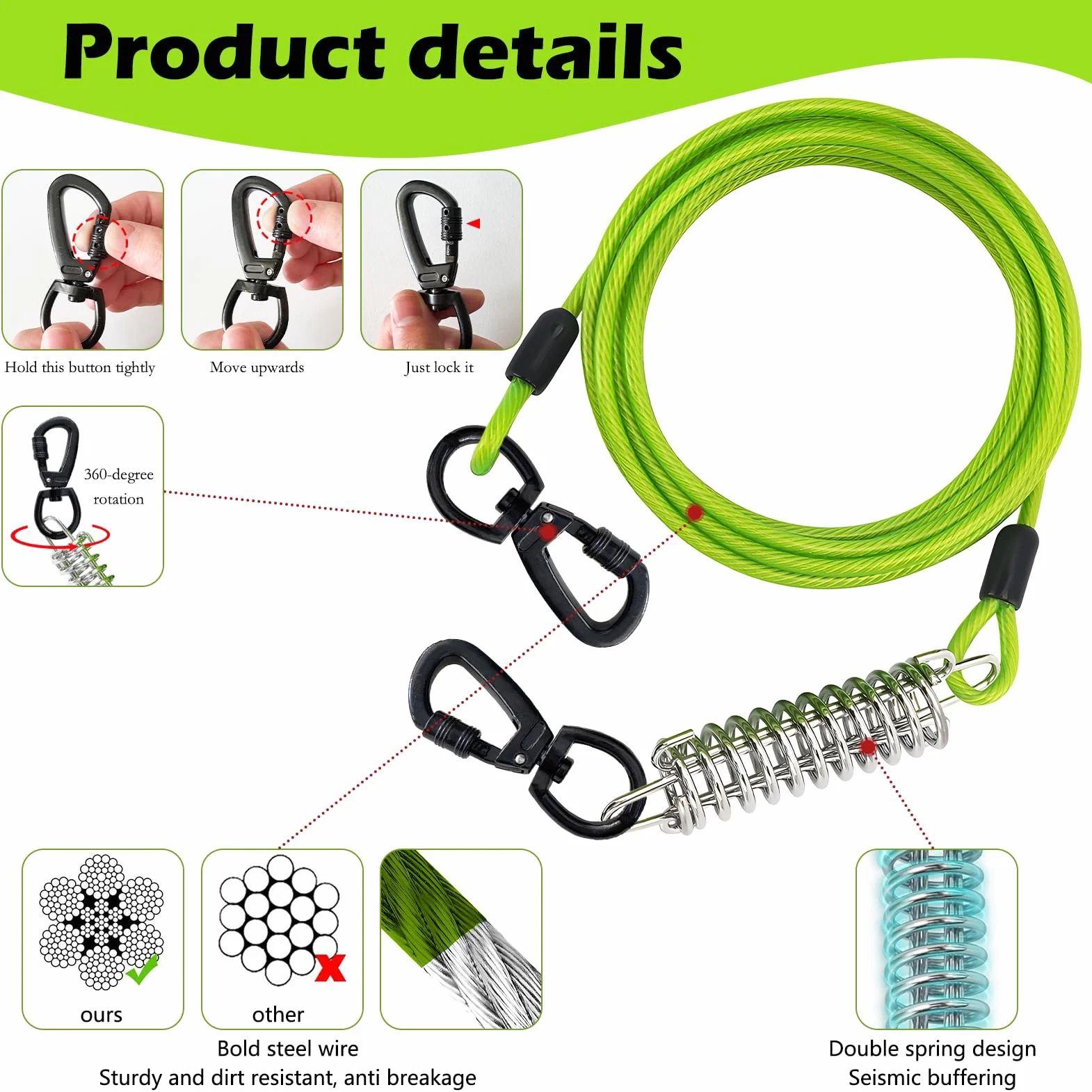 Laisse pour chien 6 m 4 mm câble acier crochet rotatif