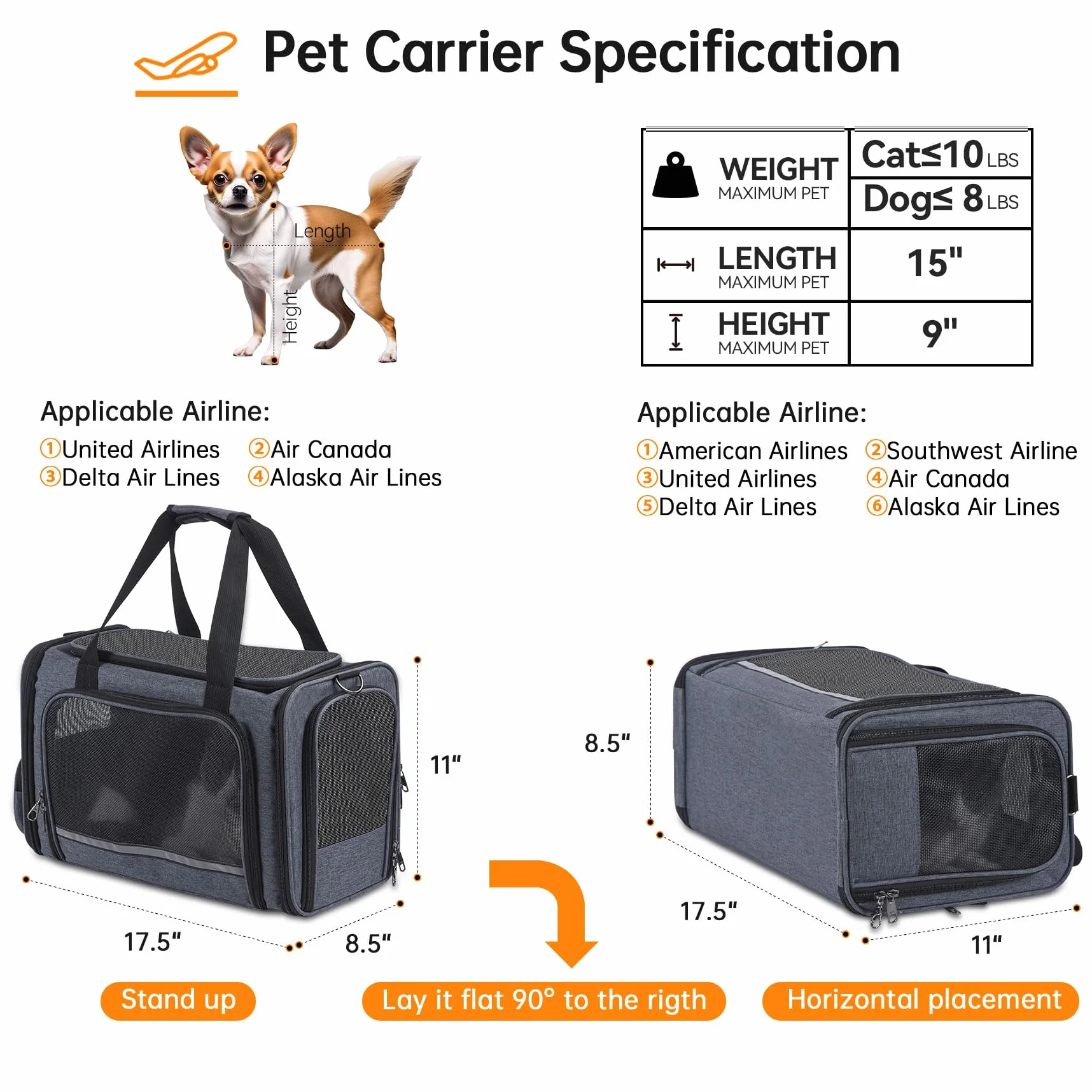 Sac de Transport pour Chat et Chien approuvé par l'avion TSA, côtés Souples, 44,5 x 21,6 x 27,9 cm, Gris