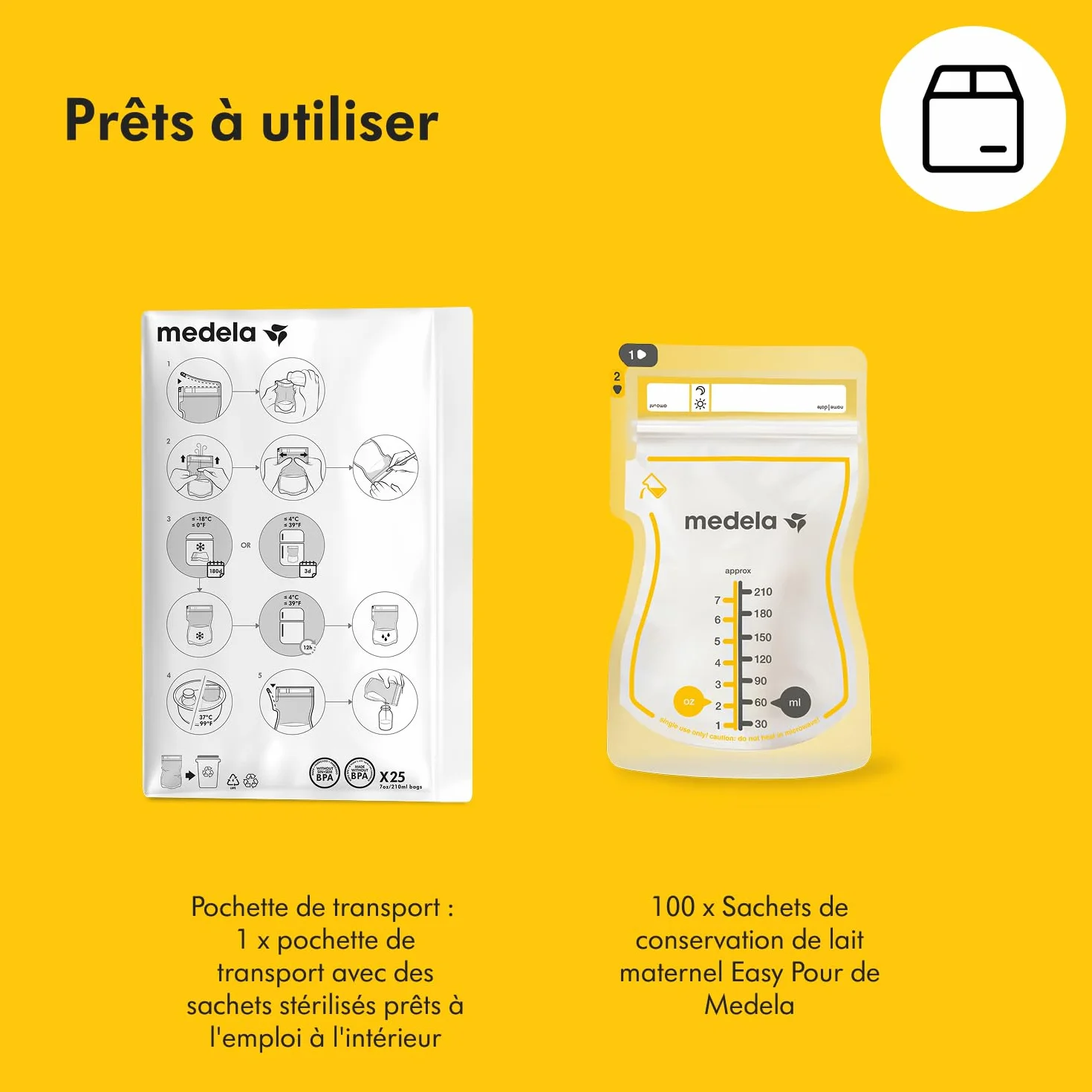 Medela sachets de conservation lait maternel Easy Pour 210 ml anti-fuite sans BPA jetables lot de 100