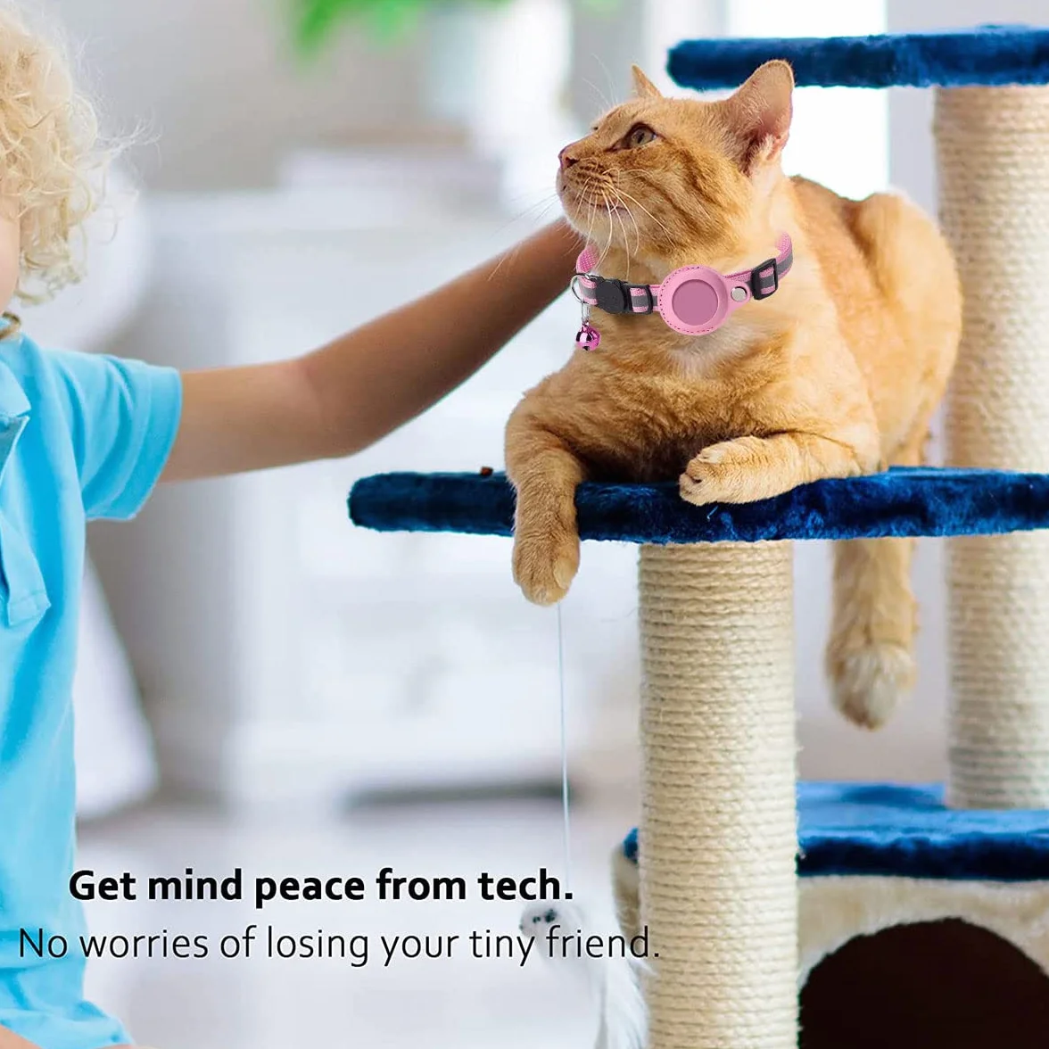 Collier Airtag pour Chat Anti Étranglement Réglable Réfléchissant avec Clochette Support Protection Apple AirTag Rose