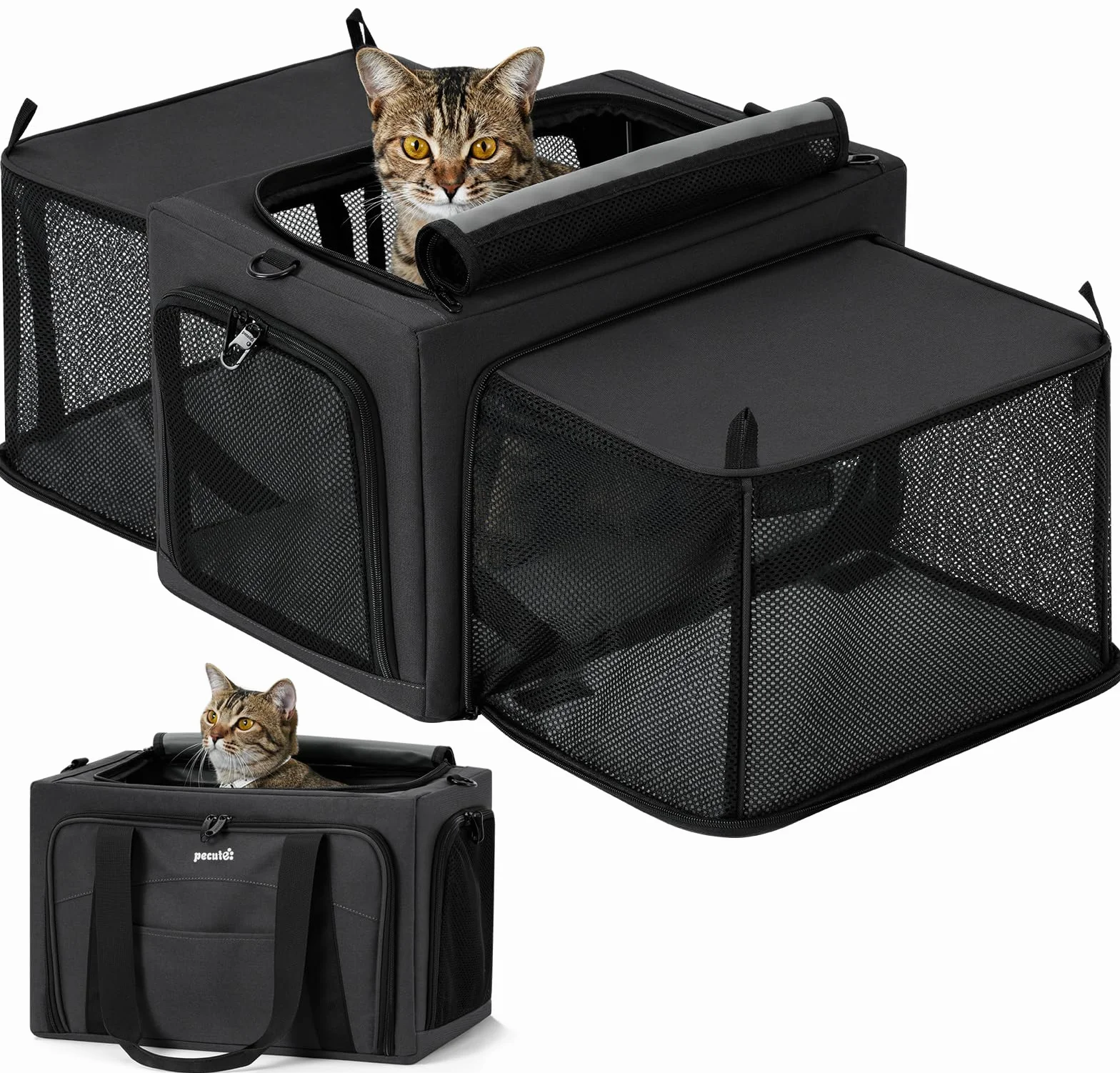 Pecute Sac de Transport Extensible Extra Stable en Maille Respirante pour Chat avec Zone Cachée, Gris Foncé