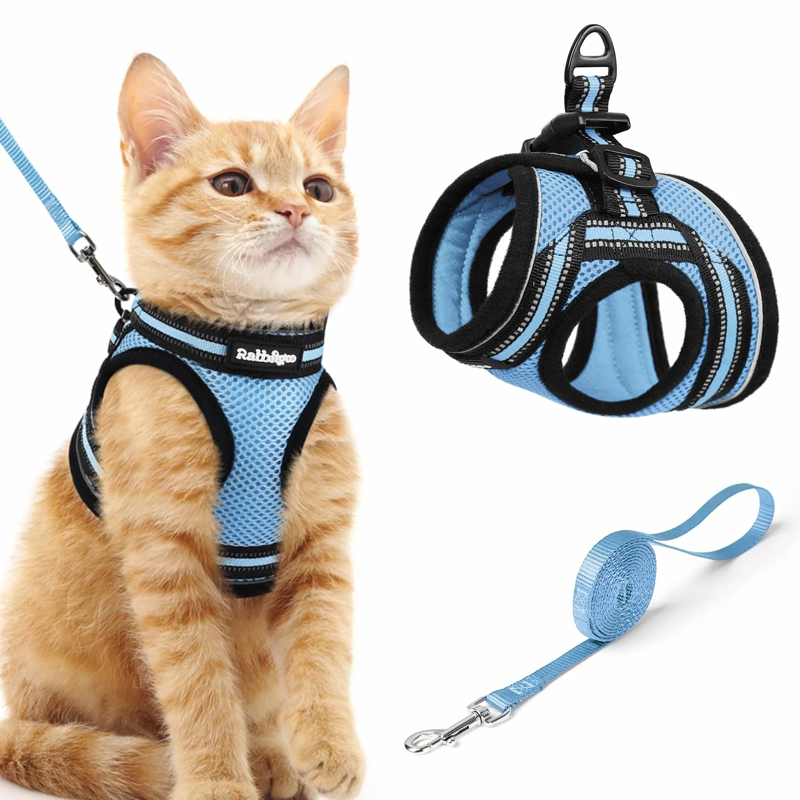 Rabbitgoo Harnais Chat avec Laisse, Gilet Réglable Respirant Bande Réfléchissante pour Persan Ragdoll American Shorthair Bleu Clair