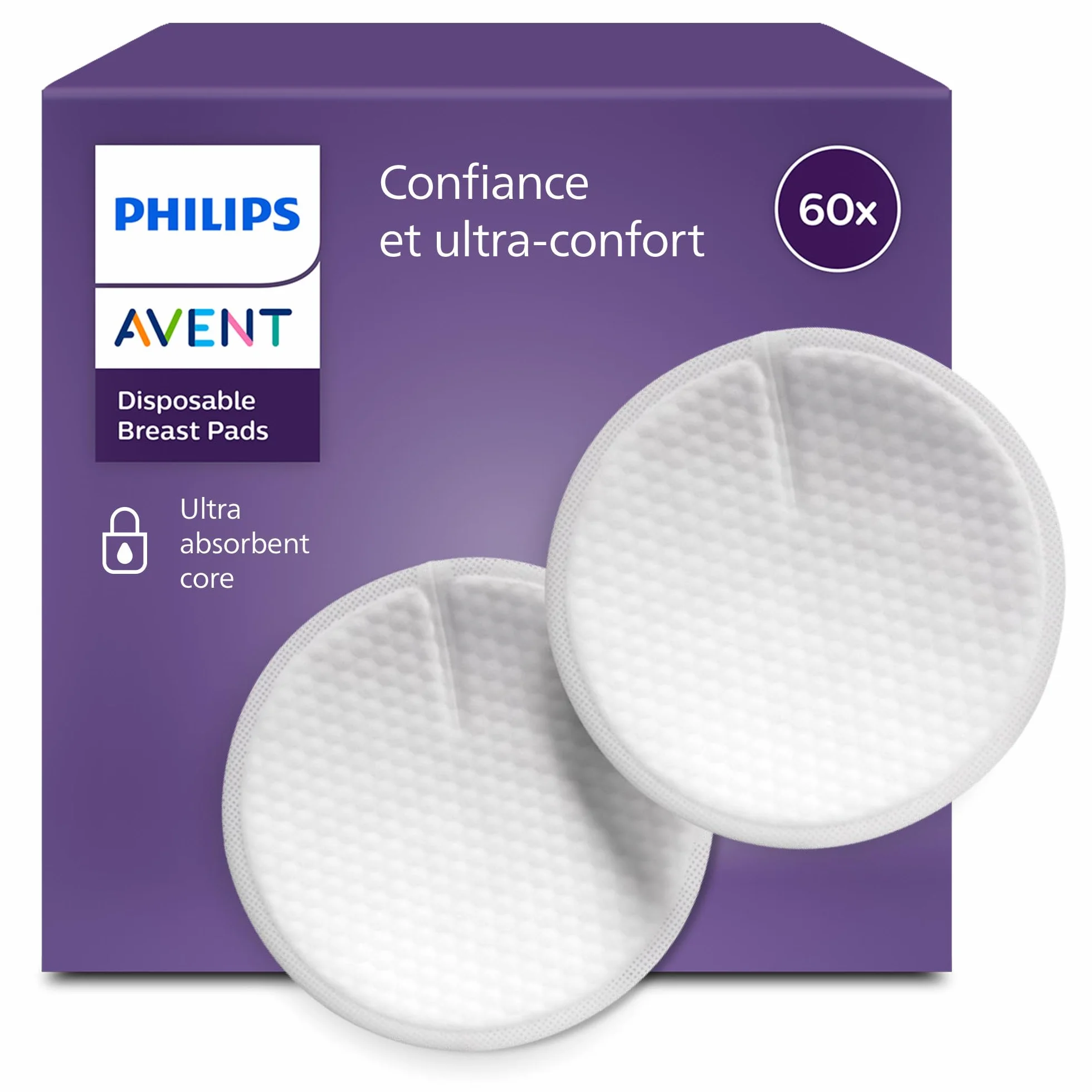 Philips Avent Coussinets d’allaitement jetables, absorption triple épaisseur, anti-fuites, 60 pièces, SCF254/61