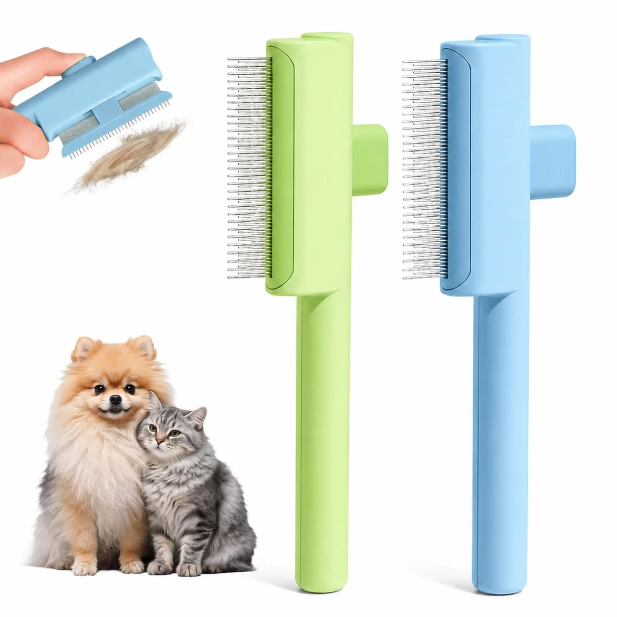 Brosse auto-nettoyante pour chat avec dents métalliques longues et courtes en silicone - Lot de 2 - Élimine les poils morts et sous-poil