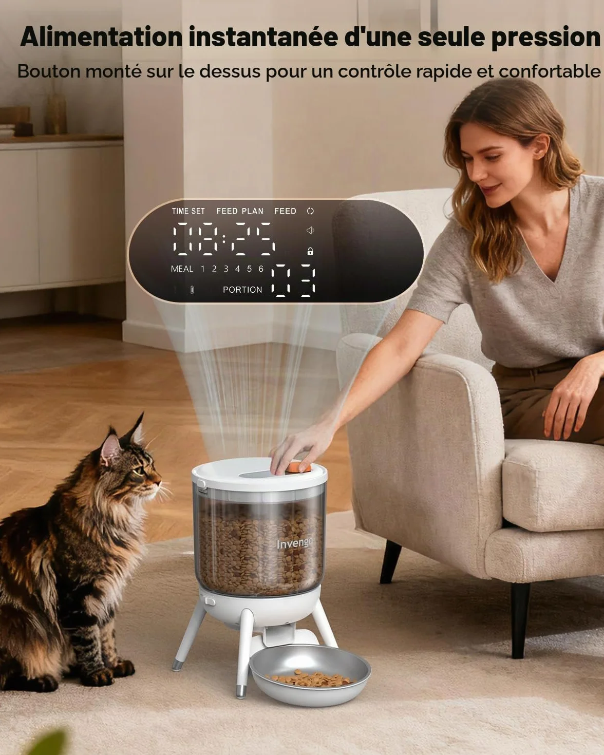 Distributeur Croquettes Chat Automatique Programmable Invengo, Double Alimentation, Anti-Insecte, Trémie 3L, Blanc