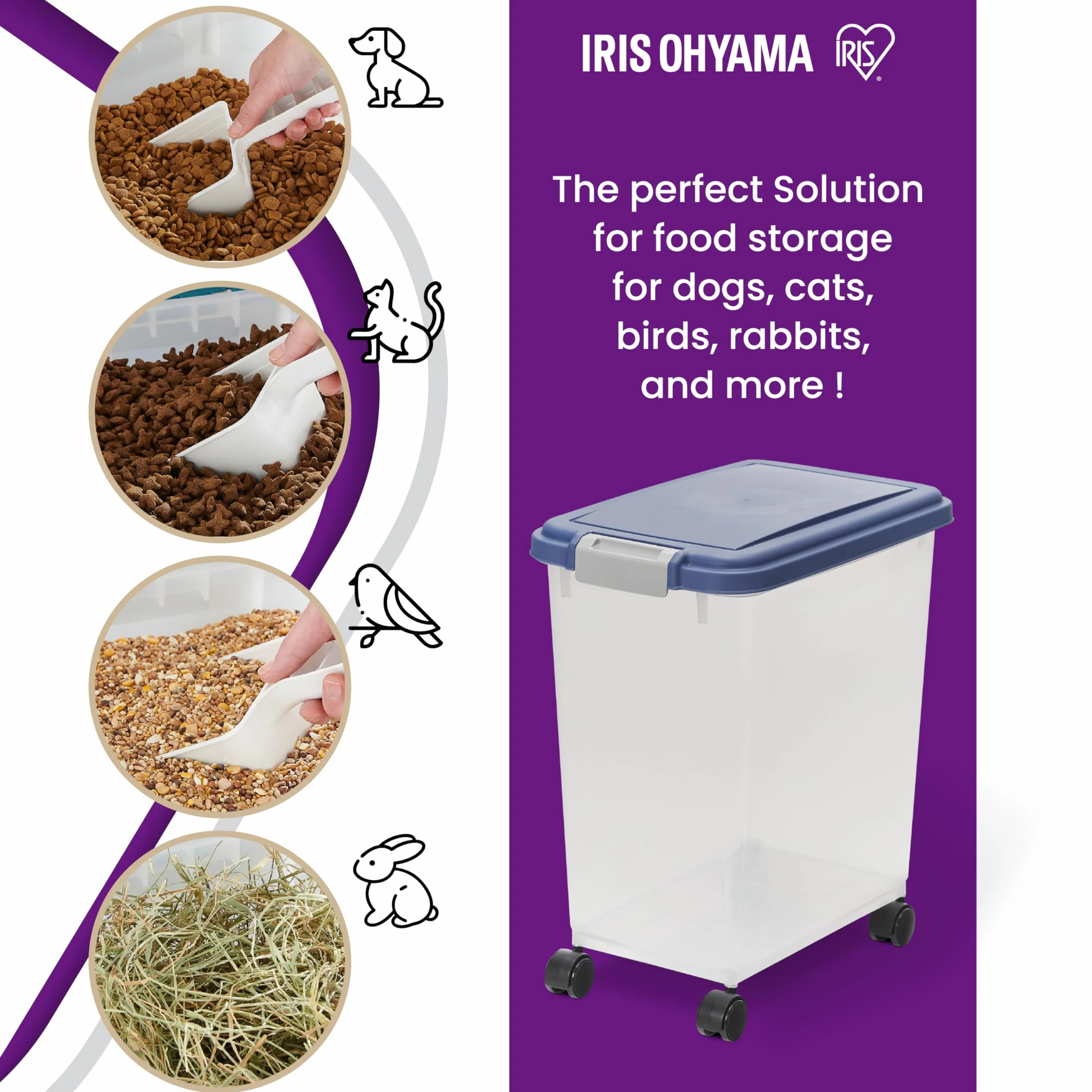 Iris Ohyama Boite Croquettes Chat Hermetique à Roulettes 30L Plastique Bleu