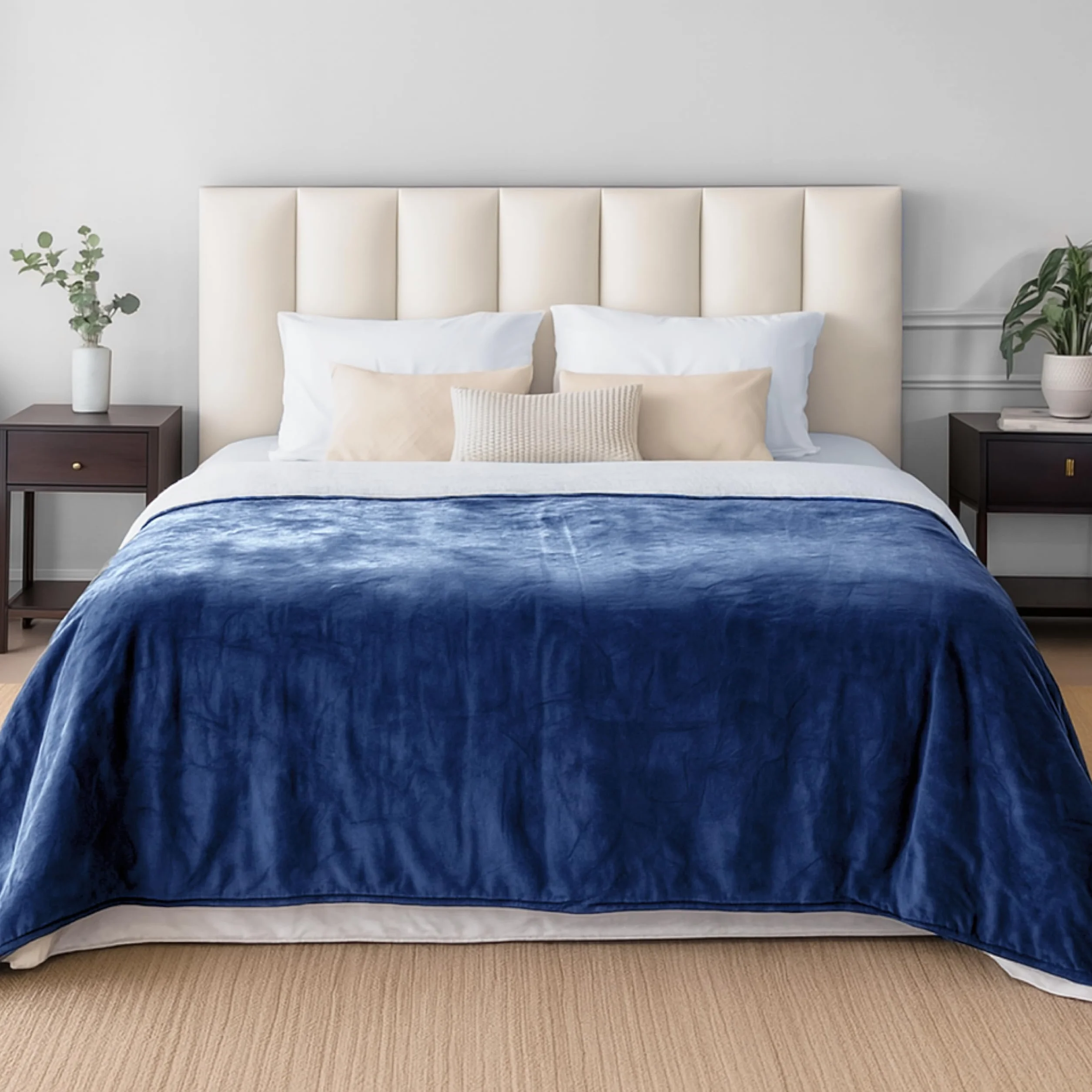 Plaid Imperméable Chien 152x203 cm Couverture Réversible Polaire Sherpa Lavable Bleu Marine