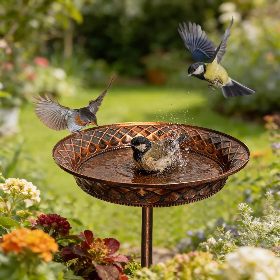 Abreuvoir Oiseaux Exterieur sur Pied 70 cm Fontaine Oiseau Antique Résistant à l'hiver Bronze