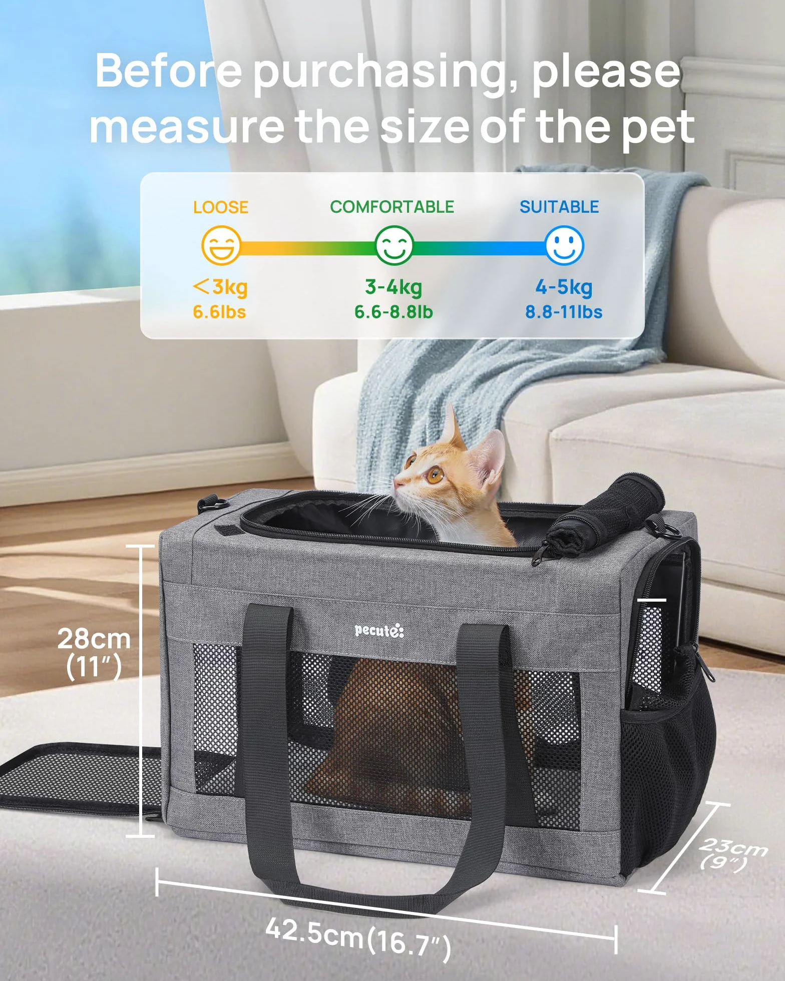 Pecute Sac de Transport pour Chat Approuvé par les Compagnies Aériennes Gris