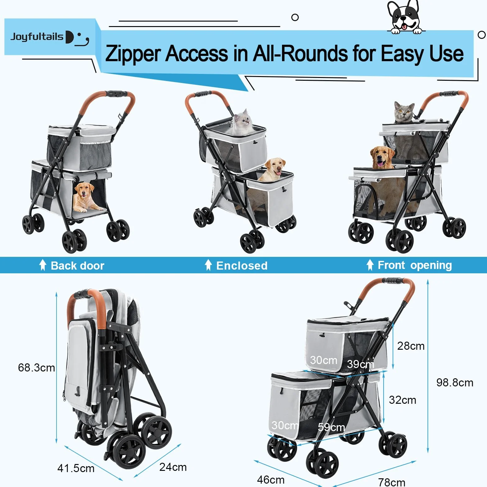 Poussette pour Chien Chat Pliable Double 4 Roues Amorties 20kg Chariot Tout-Terrain avec Panier de Rangement Gris