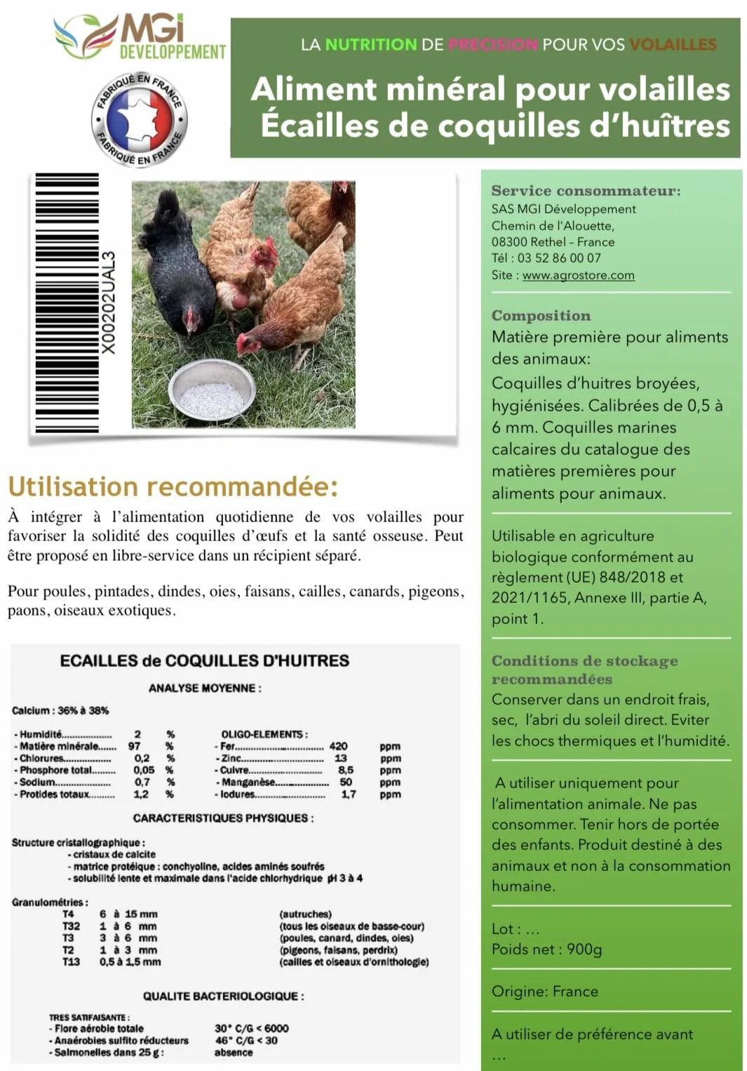 Écailles de Coquilles d’Huîtres Aliment Minéral pour Volailles Source de Calcium Naturel 900 grammes