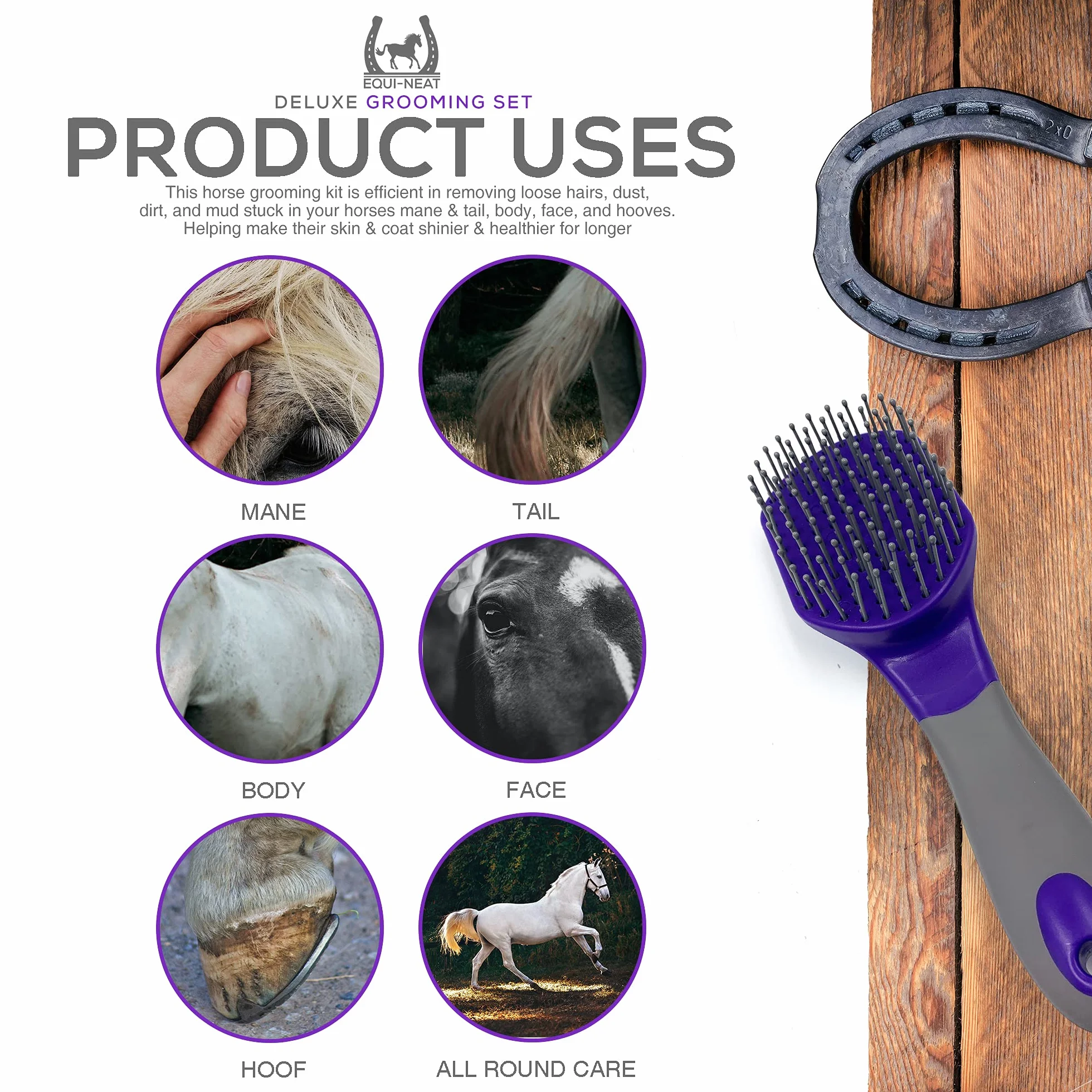 Kit toilettage équestre Equi-Neat 12 pièces brosse crin peigne curry cure-sabots