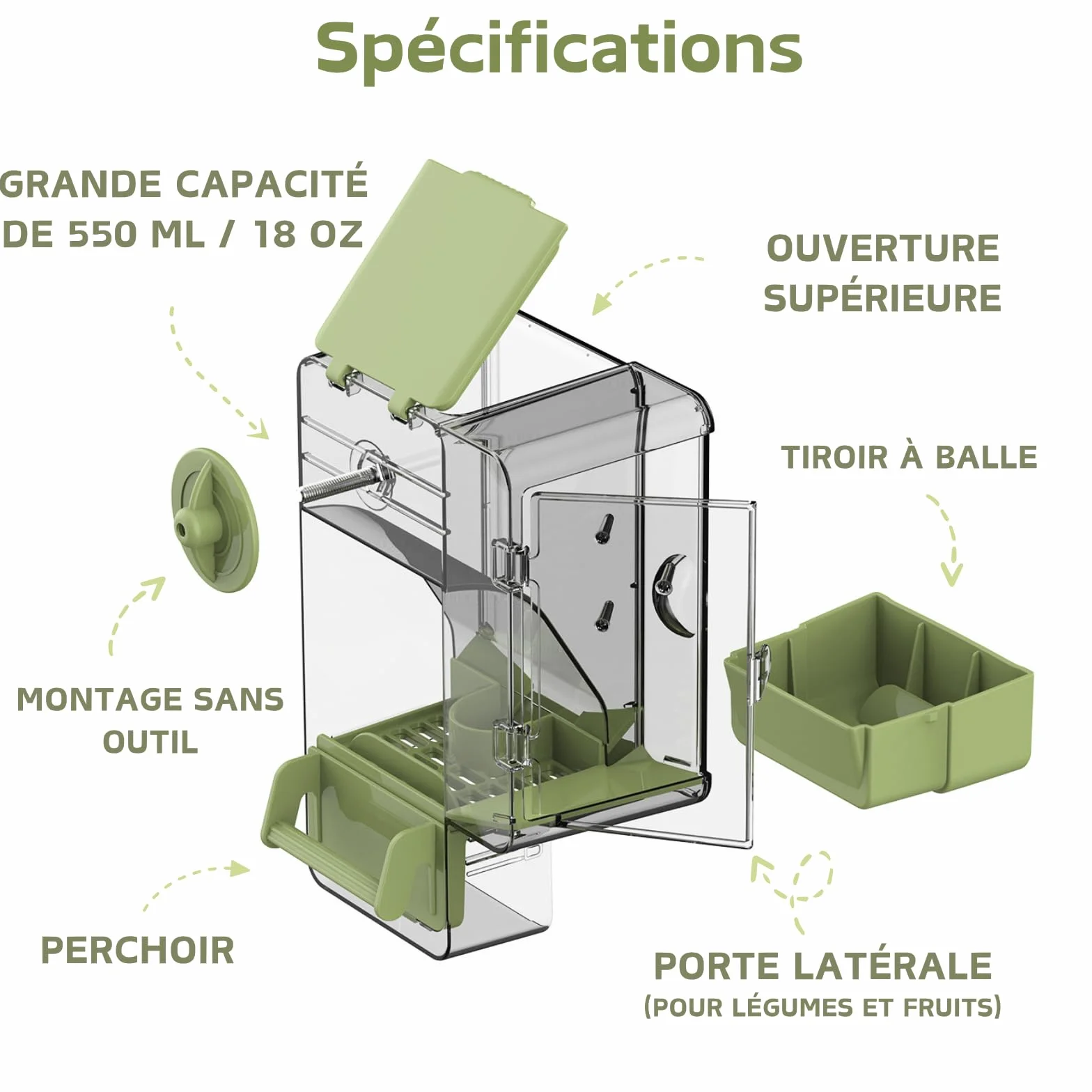 Mangeoire Automatique pour Oiseaux avec Perchoir Support Multifonctionnel pour Fruits et Légumes Vert