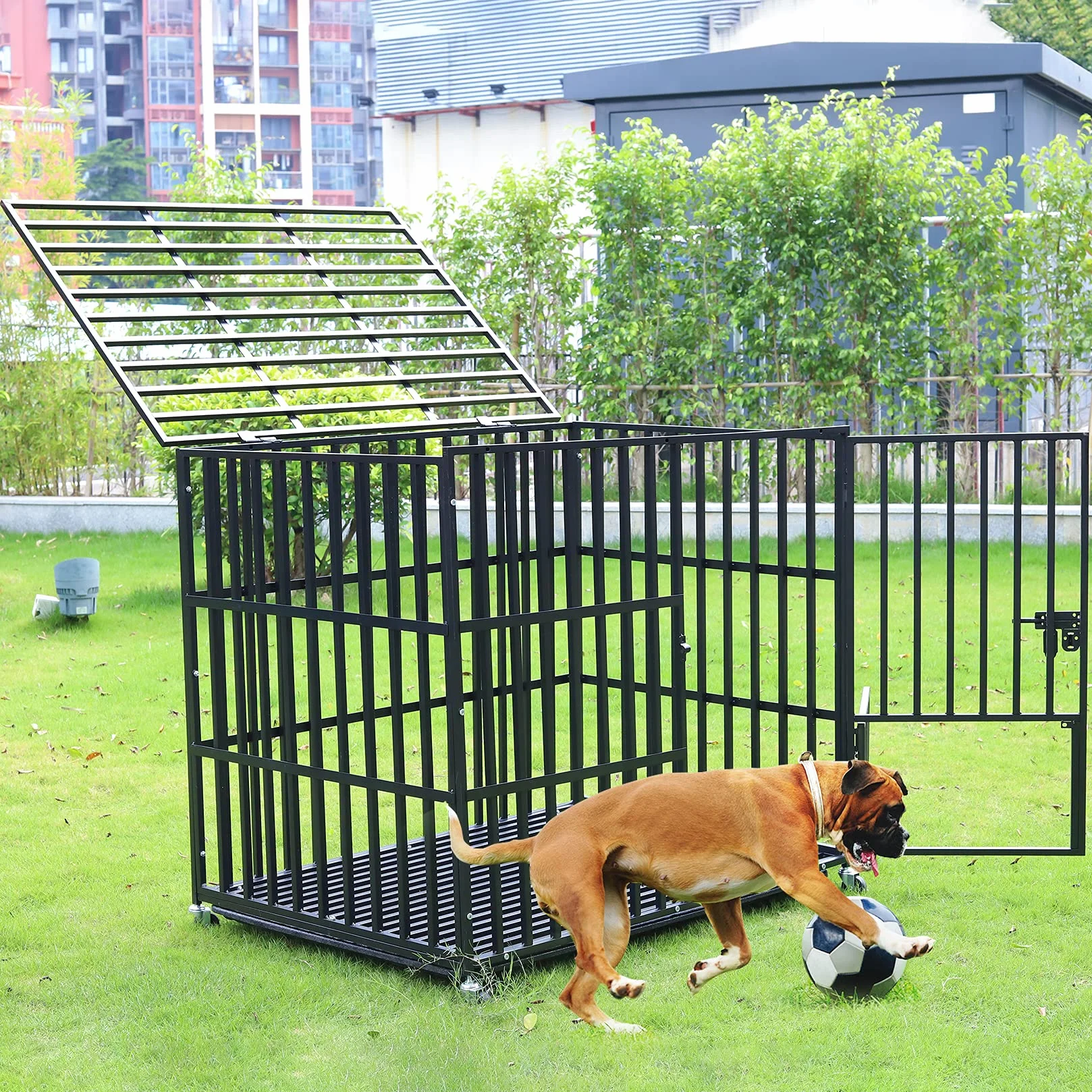 Cage Chien Interieur Solide Métal 117x96x84cm Grand Chien Caisse Transport XXL Roulette 3 Porte Plateau Amovible