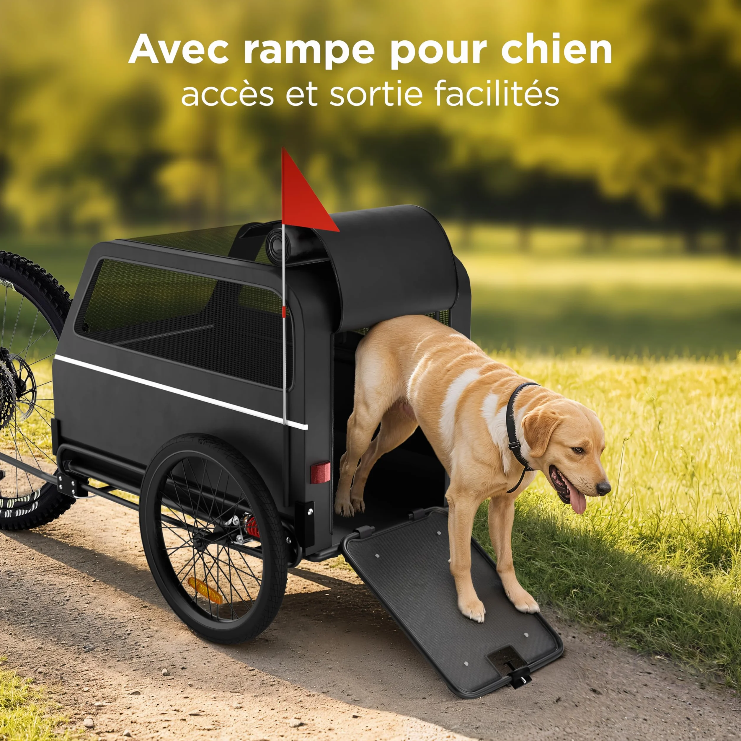 Remorque Velo Chien XL Pliable avec Rampe et Suspension 45kg Compatible Vélos Électriques