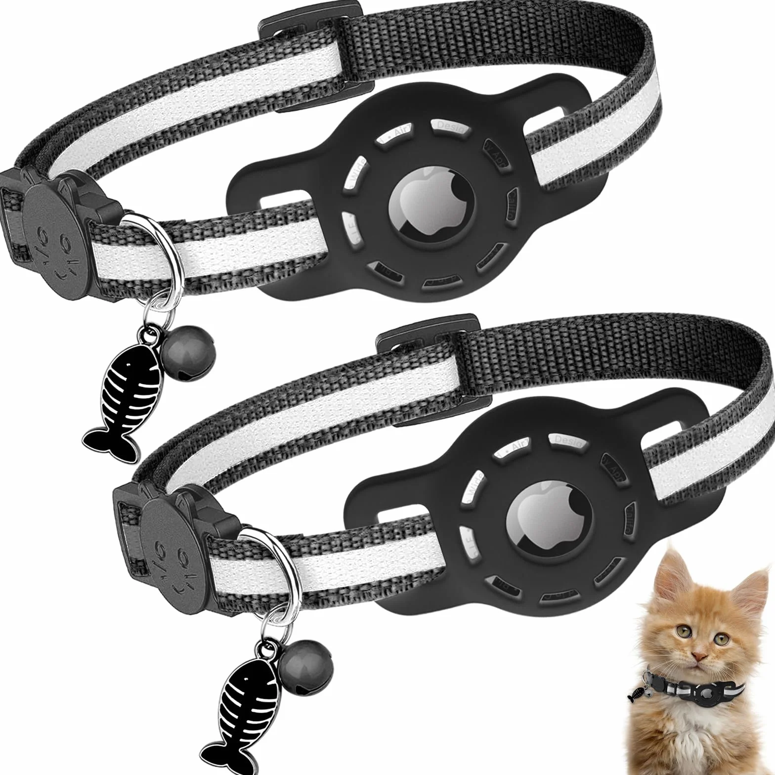 Collier Chat Compatible Airtag Réglable Réfléchissant avec Cloche Anti-étranglement Boucle Sécurité Noir