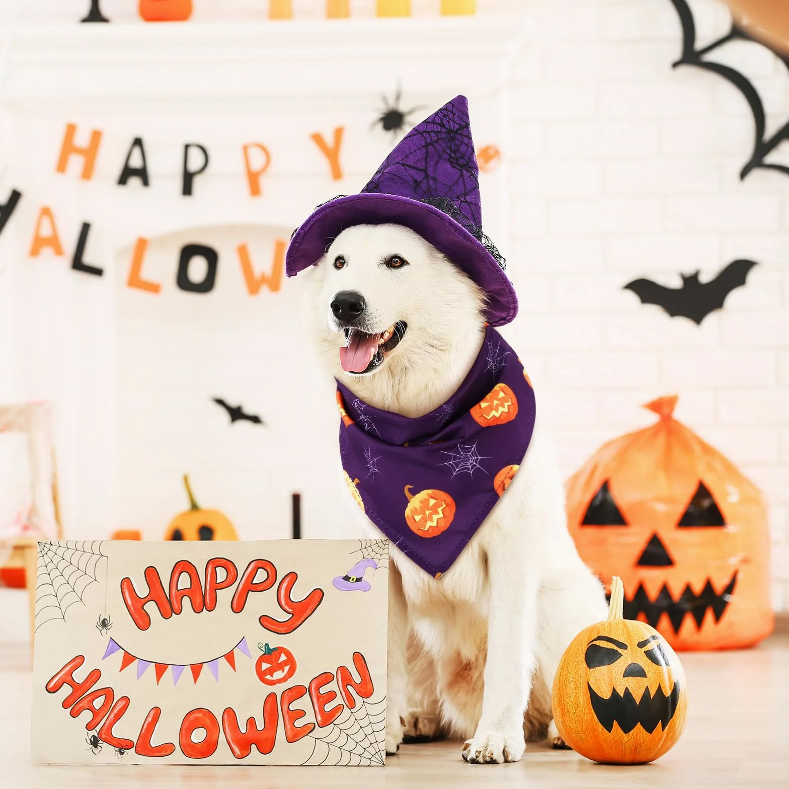 Silkfly Lot de 50 bandanas d'Halloween pour chien en vrac pour chiens, bavoirs triangulaires pour chien, bandanas pour chien avec motif citrouille et araignée, écharpe pour animal domestique pour
