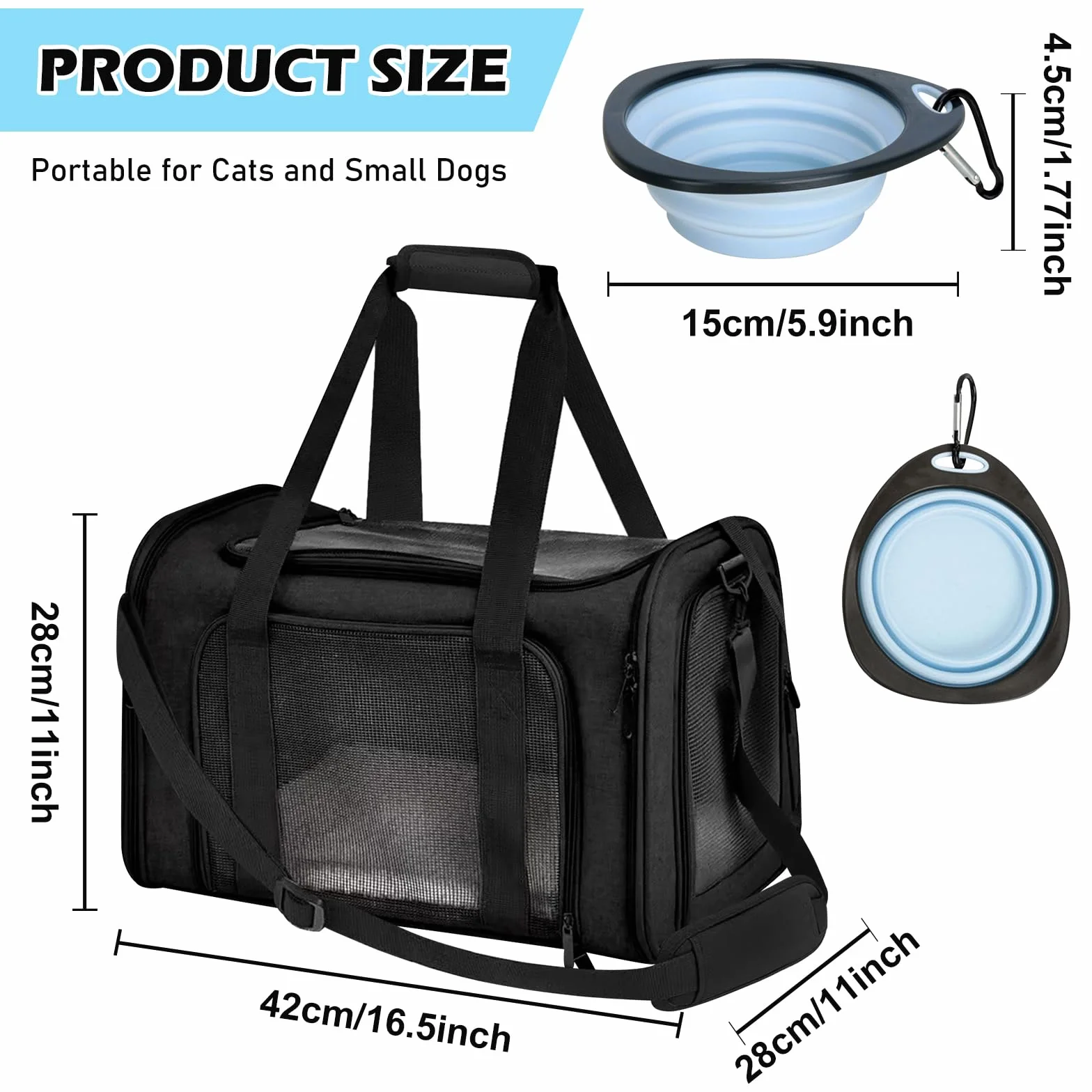 Sac de Transport Pliable pour Chat et Petit Chien, Caisse avec Gamelle, 43 x 28 x 28 cm