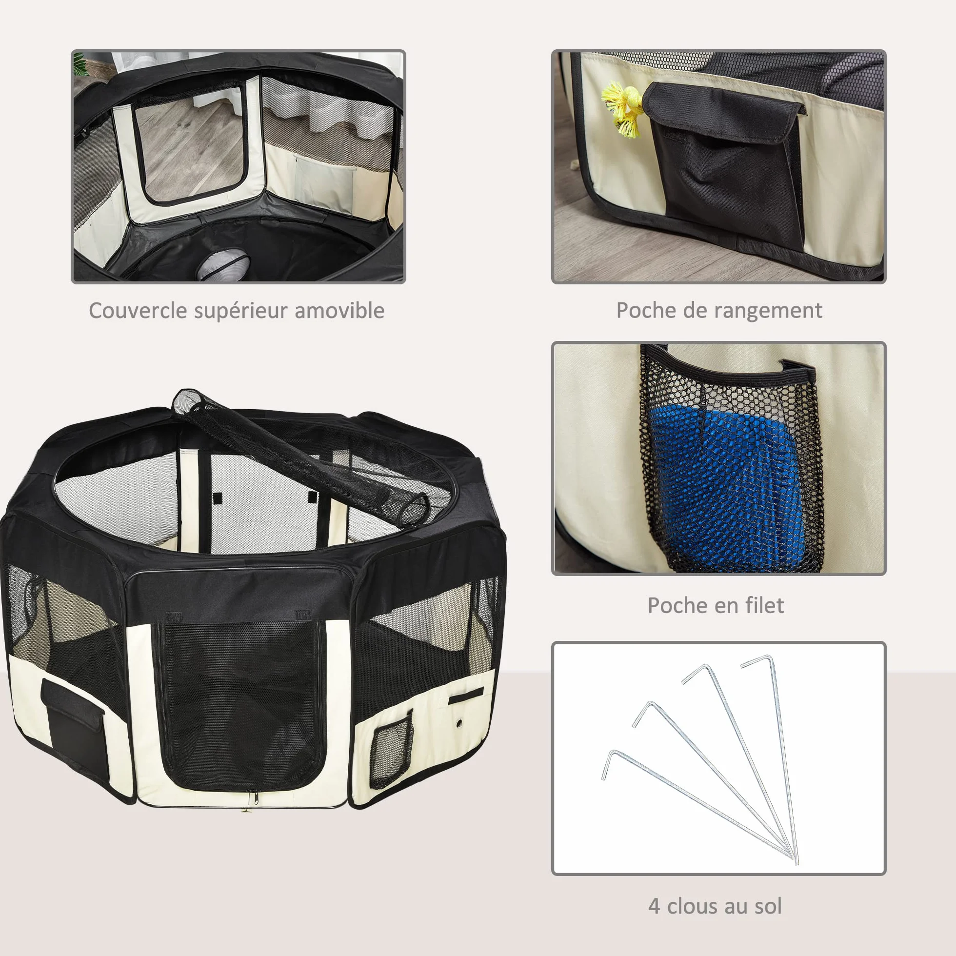 PawHut Parc enclos Pliable pour Chats et Petits Animaux octogonale en Tissu Oxford et Acier - Ø 120 x 58H cm - Noir et crème