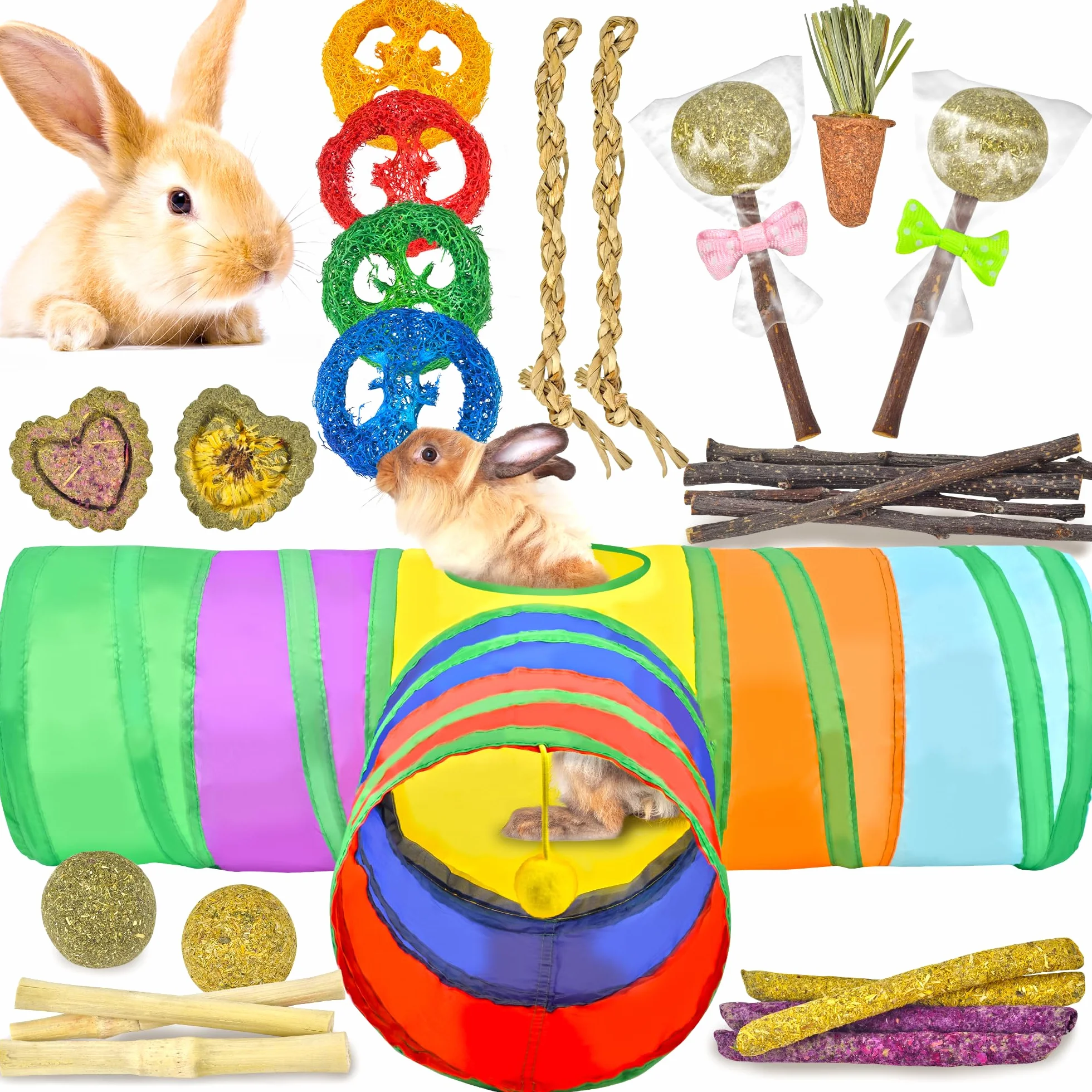Jouets naturels pour Lapin 26-en-1 avec Tunnel Pliable, Jouets à mâcher et Cachettes pour Petits Animaux