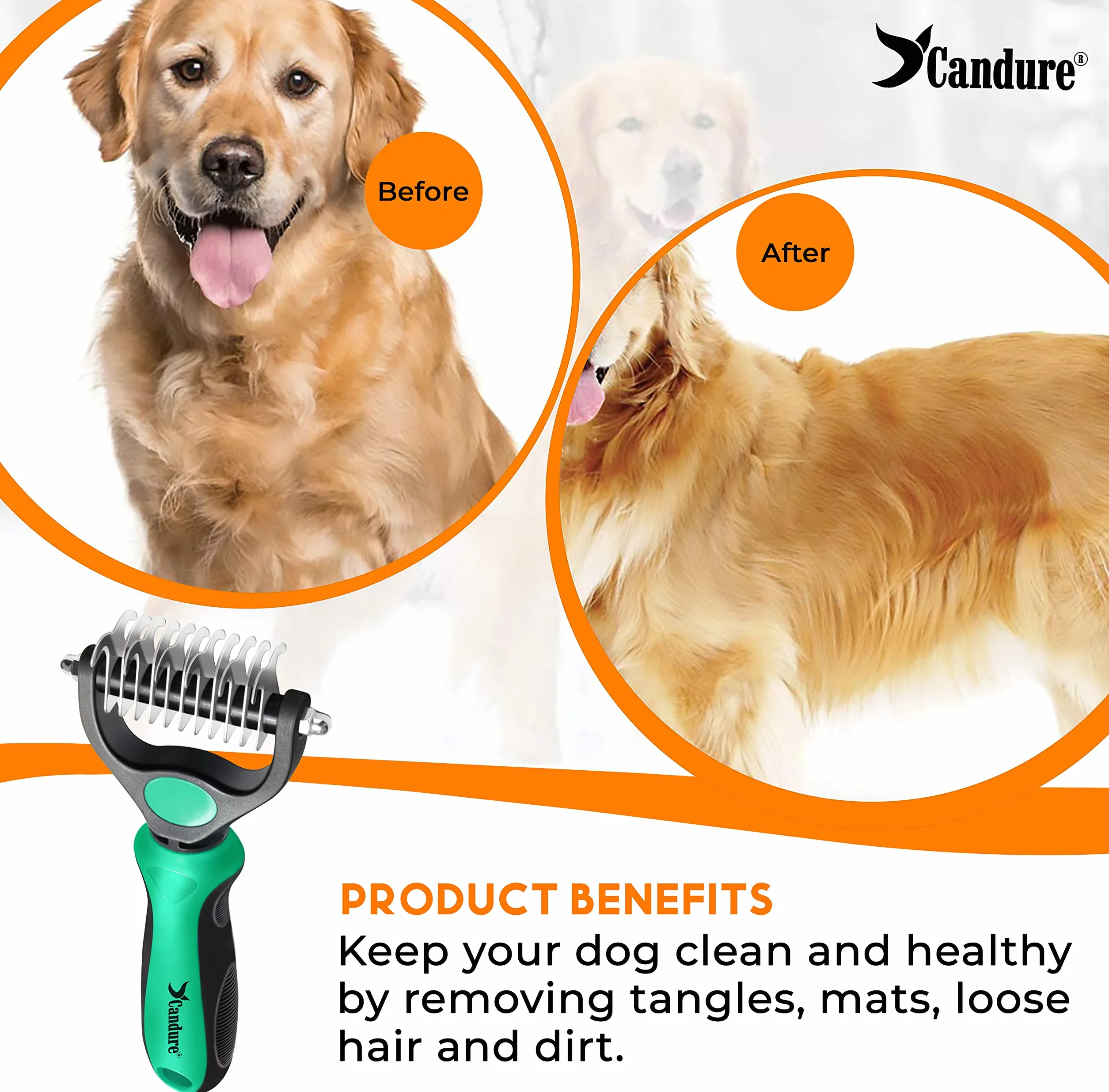 Candure Brosse Chien et Chat Professionnel Double Face 11+6 Dents Élimine Nœuds Tapis Cheveux Emmêlé