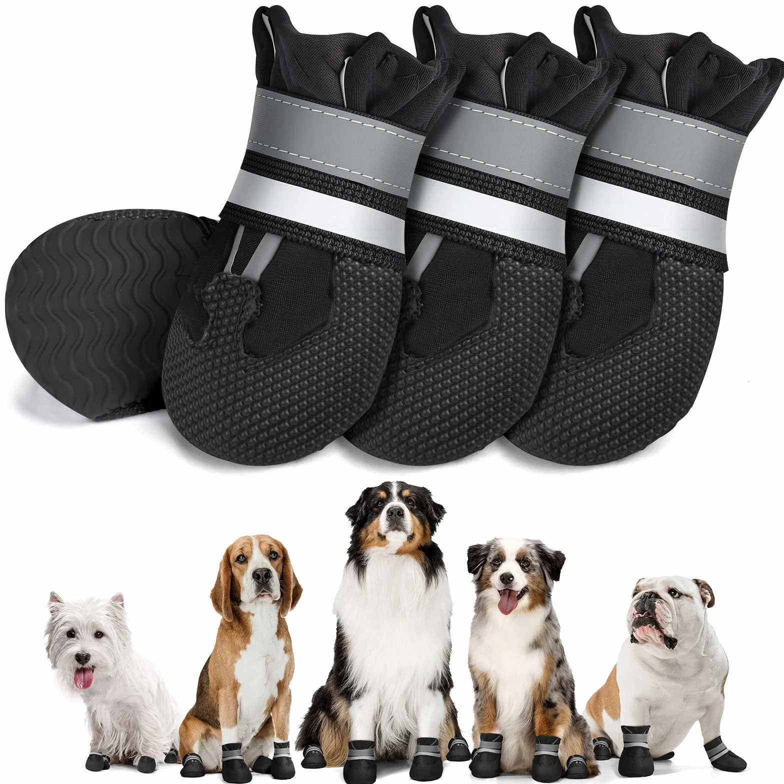 Bottes Chien Imperméables 4 Pièces avec Sangles Réfléchissantes Antidérapant Ajustables