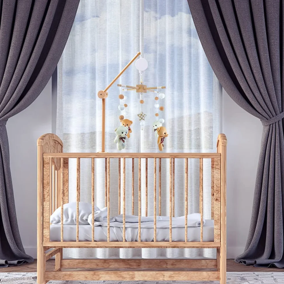 Mobile Musical en Bois avec Support Réglable et Boîte à Musique Décoration de Berceau (Beige)