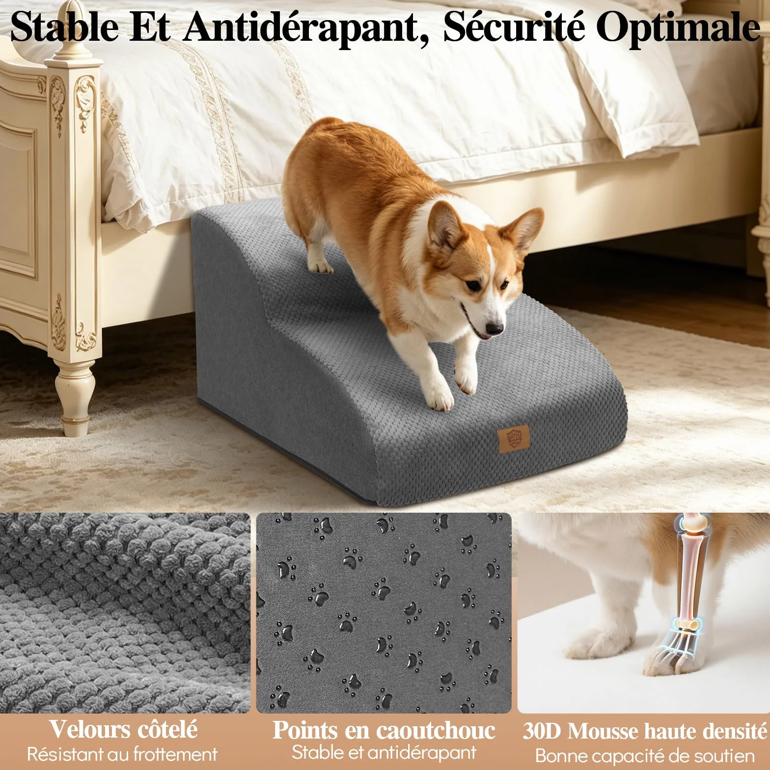 MASTERTOP Escaliers pour Chiens 2 Marches Étendus Mousse Antidérapant Housse Amovible Lavable Gris