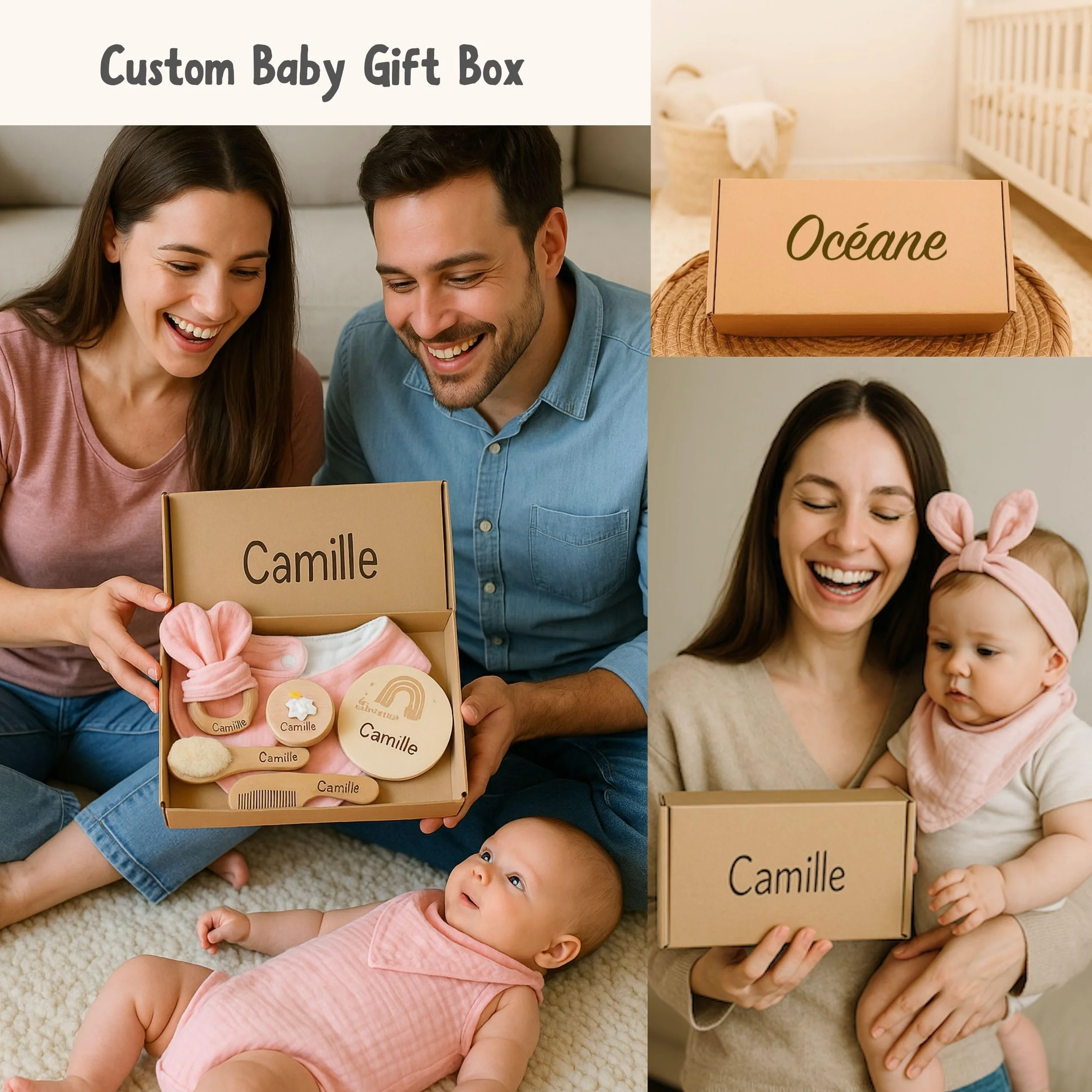 Coffret de Naissance Personnalisé Cadeau Bébé Fille Garçon Boîte Souvenir Prénom Gravé Rose