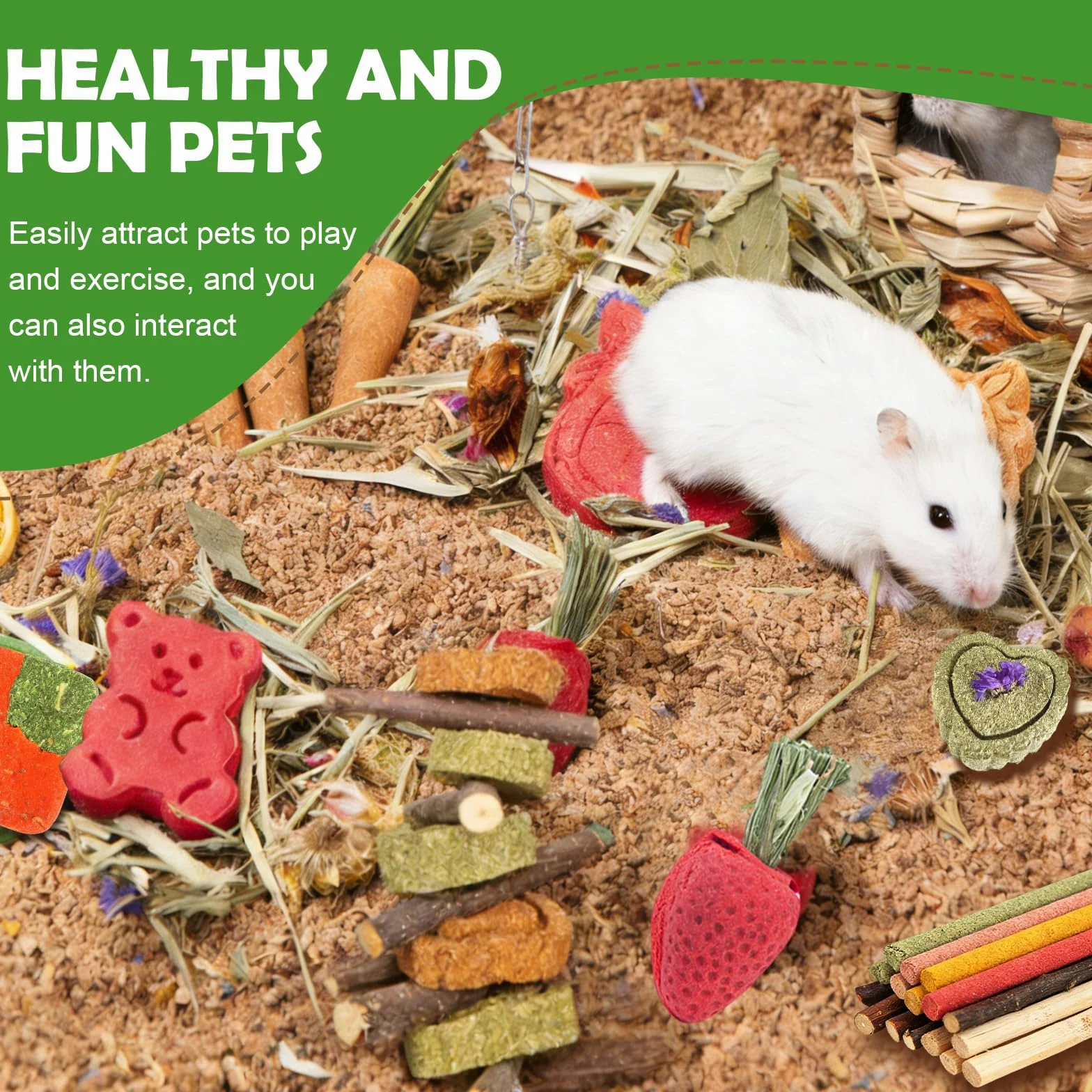 Lot de 42 Jouets pour Lapin, Hamster, Cochon d'Inde et Chinchilla, Bâtonnets de Foin de Timothée en Bois de Pomme