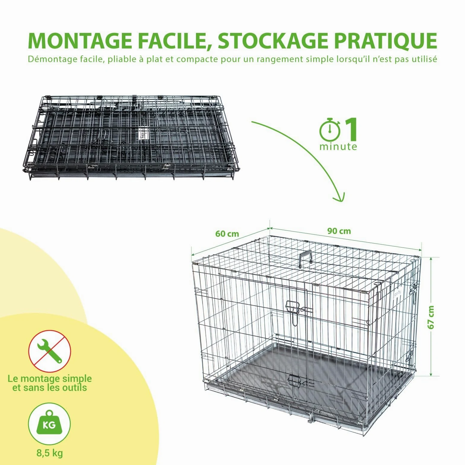 Cage pour Chien FortressooL, Caisse de Transport pour Chien Moyen 90x60x67cm, Pliable, 2 Portes, Plateau Amovible, Utilisation Interieur, Paitsy
