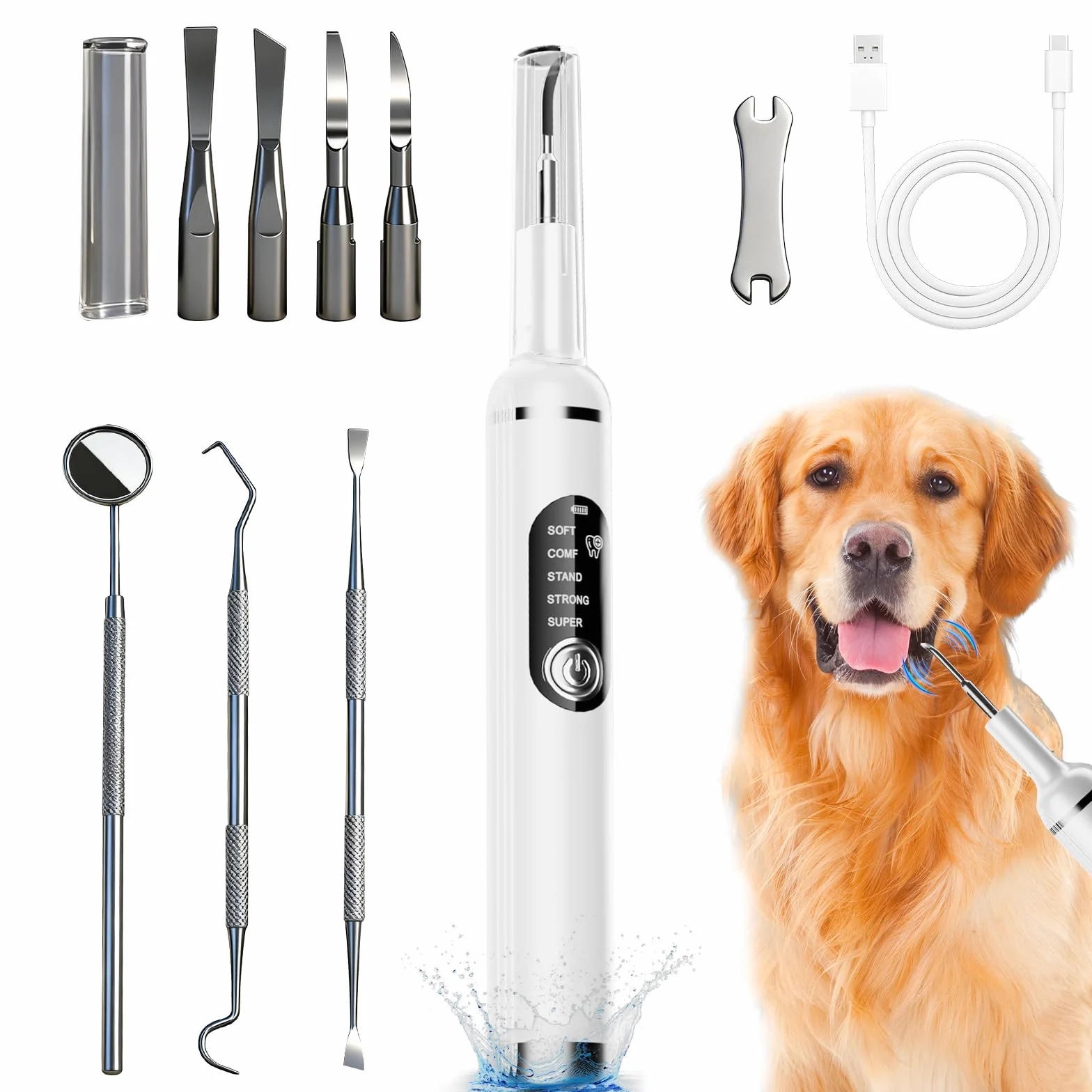 Kit de Nettoyage Tartre Dentaire à Ultrasons pour Chien et Chat, Detartreur Dentaire Ultrason, 5 Modes et 4 Têtes