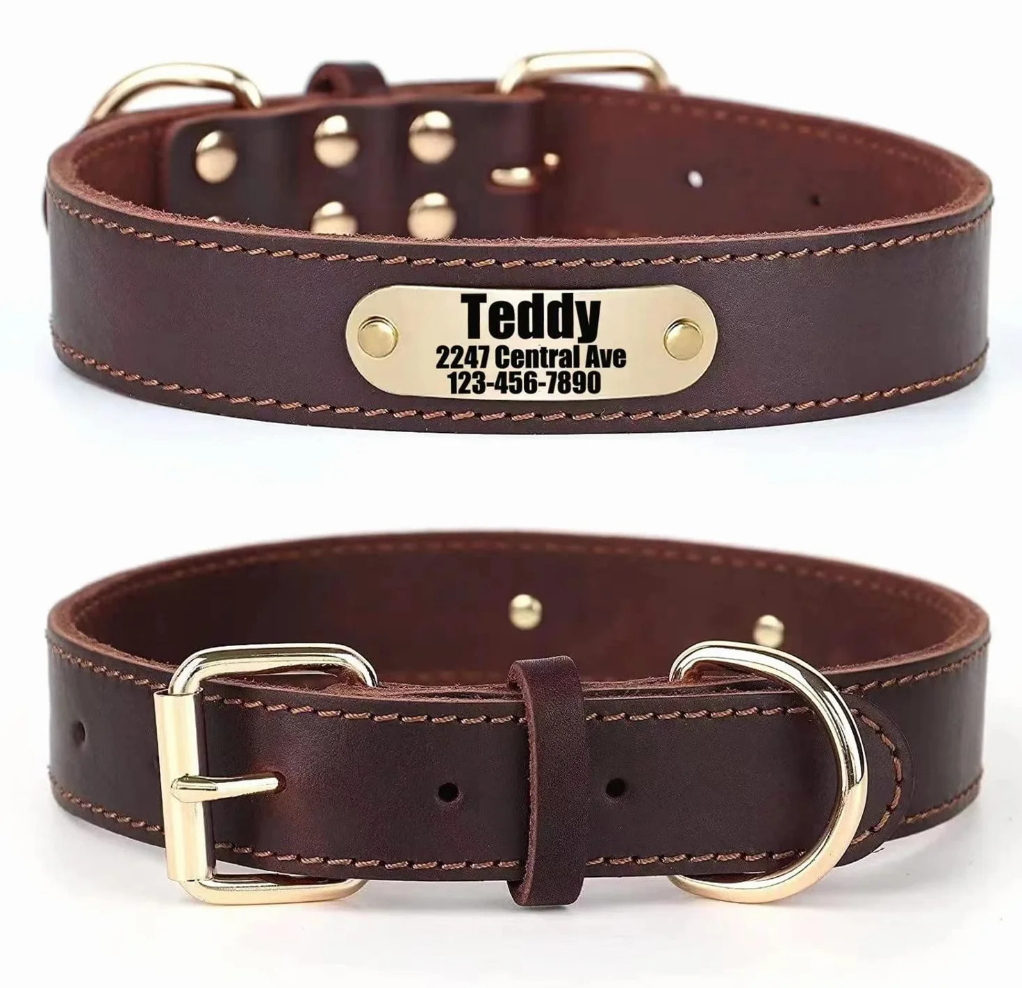 Collier personnalisé en Cuir véritable avec numéro de téléphone nom du Chien réglable durable pour chien Brun