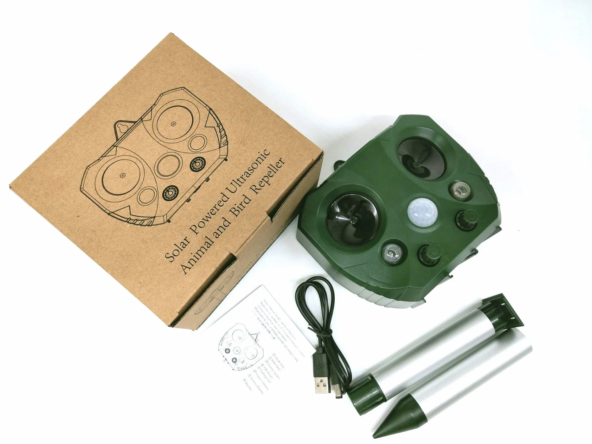 Répulsif à ultrasons pour animaux nuisibles avec panneau solaire, batterie rechargeable, capteur infrarouge, flash LED, 2 pièces