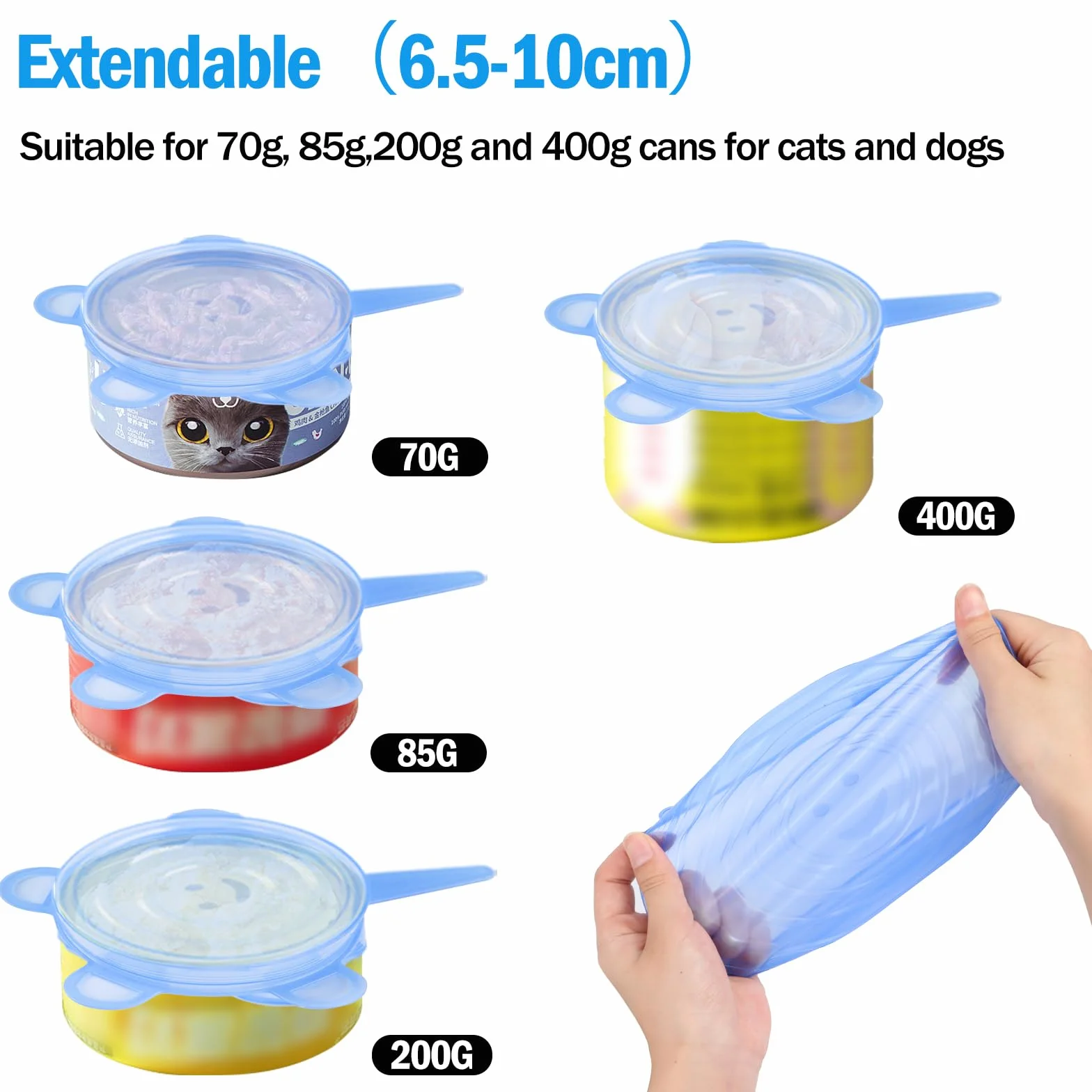 AKONE Lot de 6 couvercles de boîtes de nourriture pour chat - Couvercle en silicone extensible - 400 g / 200 g / 85 g - Pour la plupart des boîtes pour chats