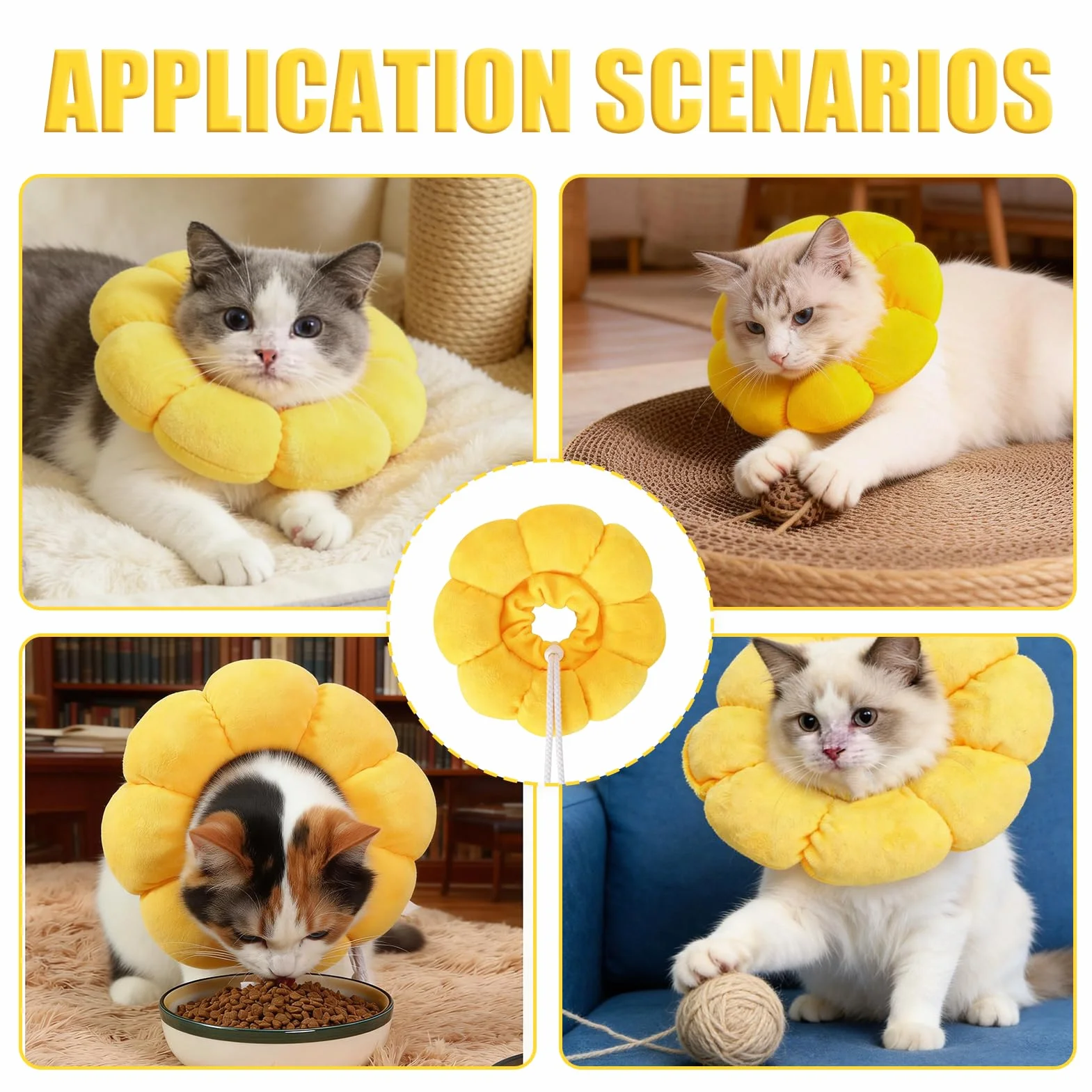 Colerette Chat Anti Lechage, Adjustable Fleurie, Confortable Souple pour Post-Opératoire, Hygiène et Anti-Parasites Extérieurs - Jaune, M