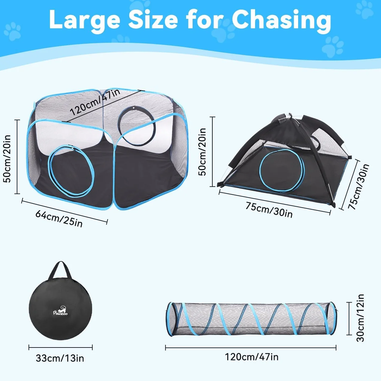 Pawaboo Parc pour Chats 3 en 1 Enclos Portable Pliable Bleu Clair Noir
