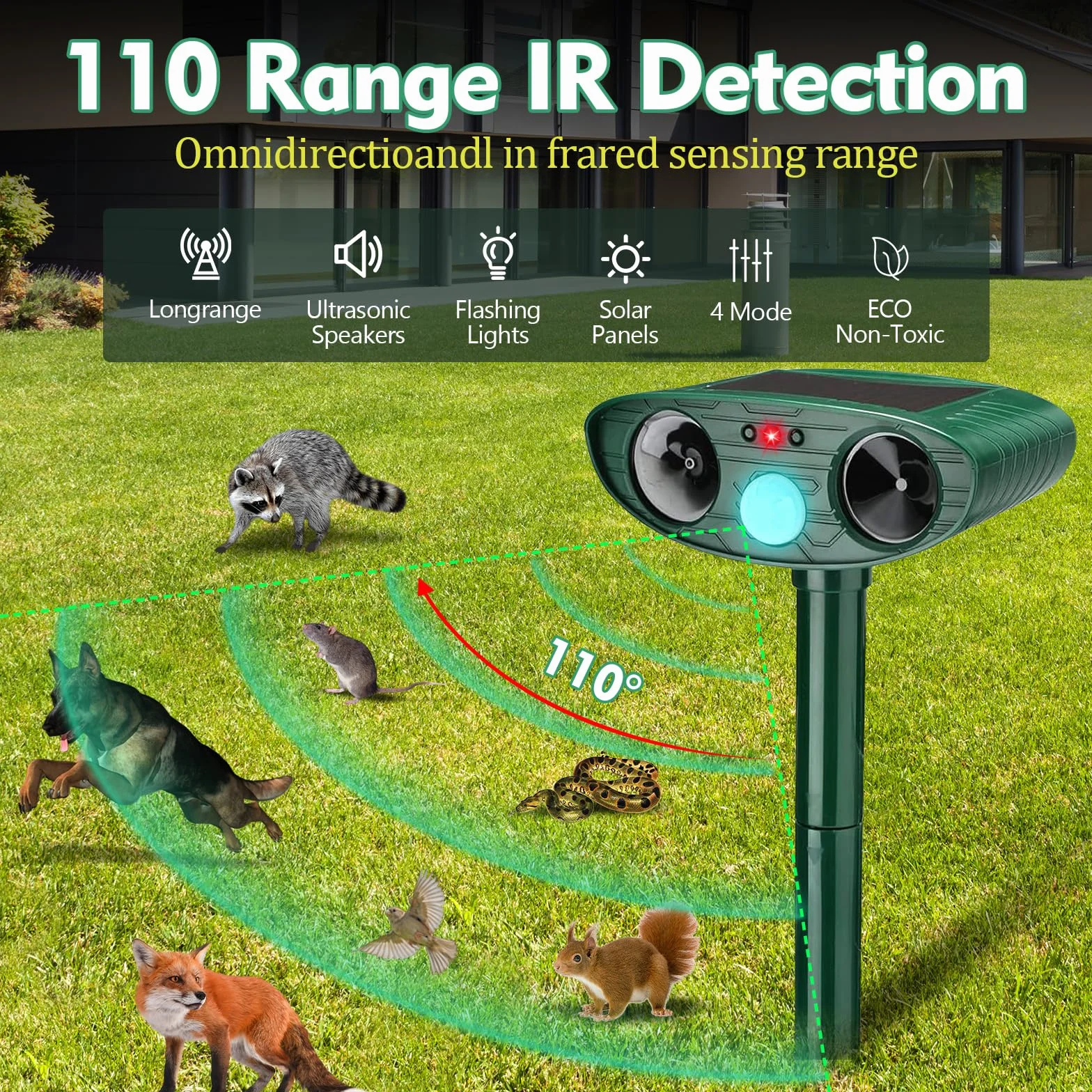 Répulsif Chat Ultrason Solaire Étanche avec Détecteur de Mouvement Anti Chats Chiens Lapins Ratons