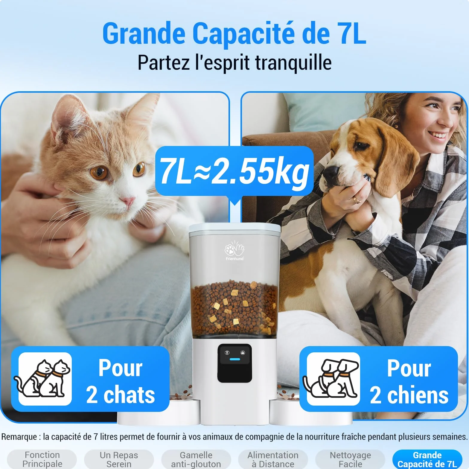 Frienhund Distributeur Croquettes Chat Automatique Double 7L WiFi 5G Détachable